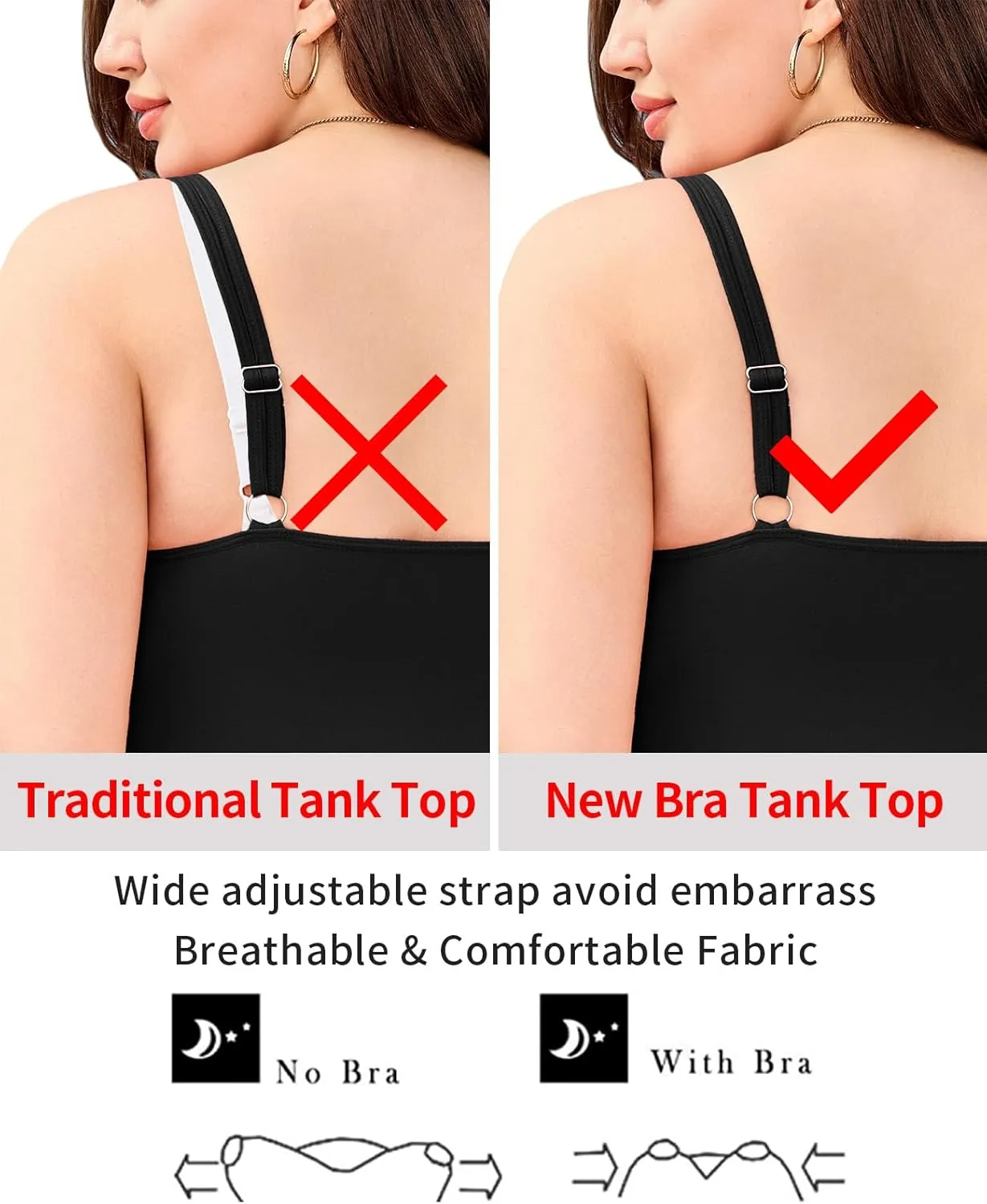 V FOR CITY Plus Size Tank Top with Built-in Bra Scoop Neck Camisole Tops for Women Casual Cotton Cami Shirts