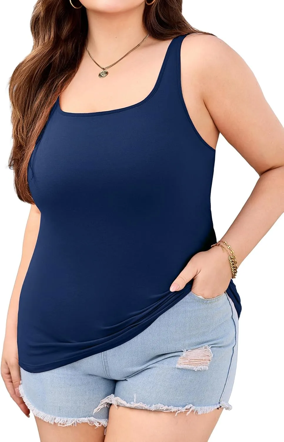 V FOR CITY Plus Size Tank Top with Built-in Bra Scoop Neck Camisole Tops for Women Casual Cotton Cami Shirts