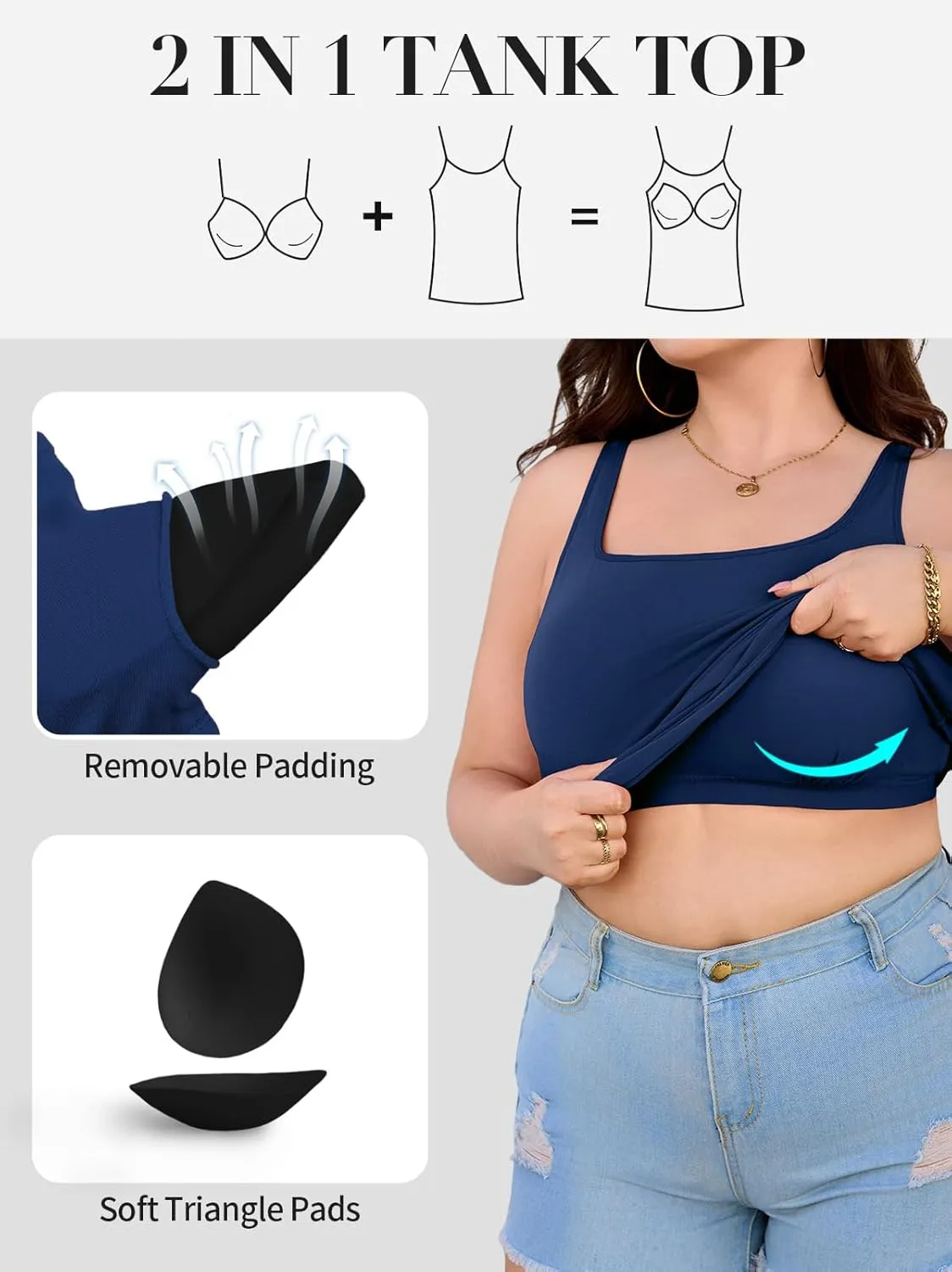 V FOR CITY Plus Size Tank Top with Built-in Bra Scoop Neck Camisole Tops for Women Casual Cotton Cami Shirts
