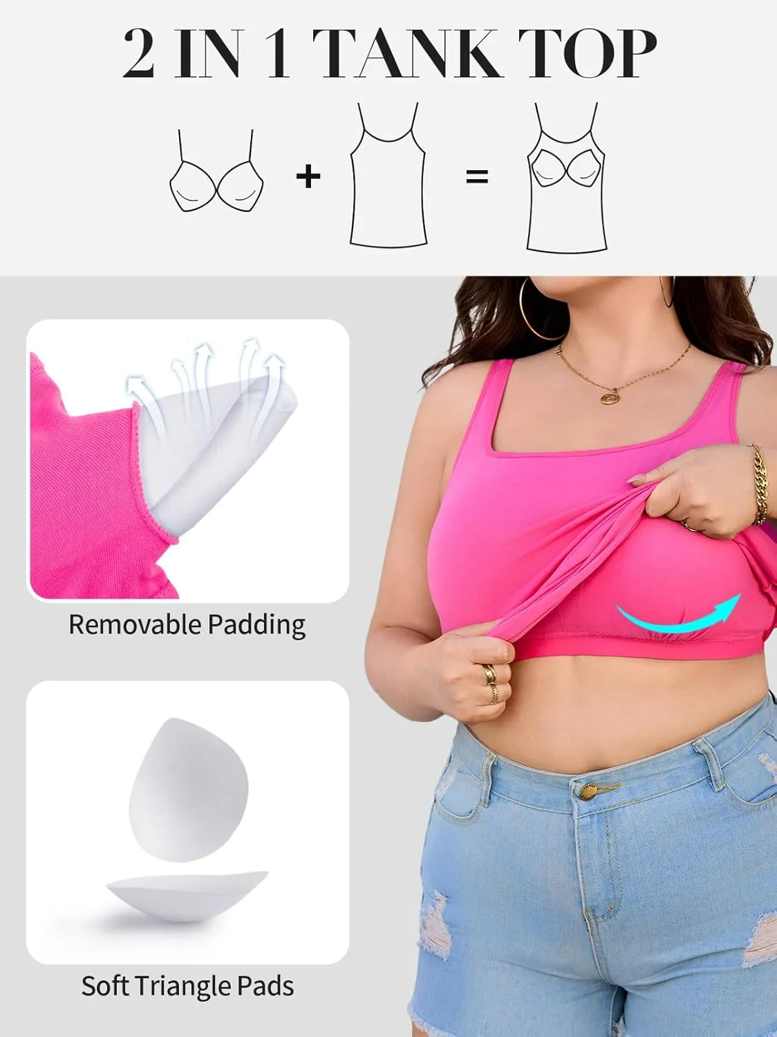 V FOR CITY Plus Size Tank Top with Built-in Bra Scoop Neck Camisole Tops for Women Casual Cotton Cami Shirts