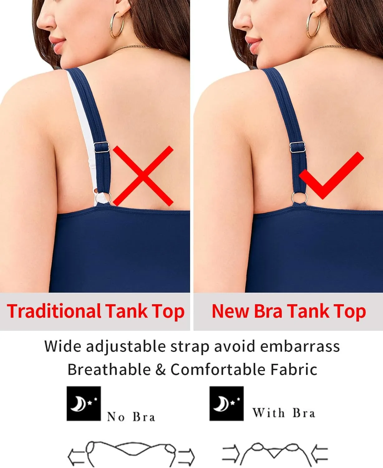 V FOR CITY Plus Size Tank Top with Built-in Bra Scoop Neck Camisole Tops for Women Casual Cotton Cami Shirts