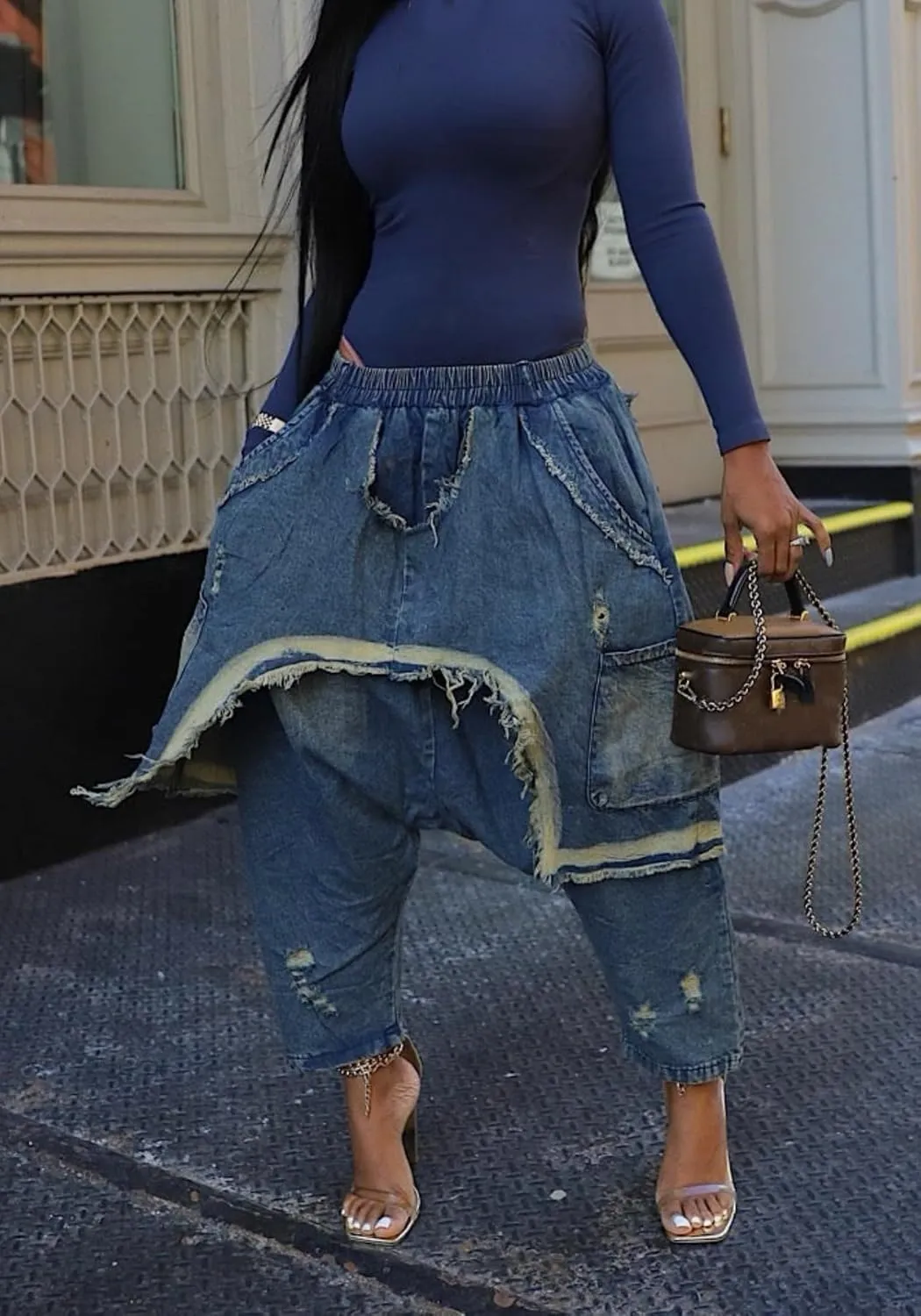 Vaceky Denim Harem Pants Women Elastic Waist Distressed Cropped Baggy Cargo Jeans