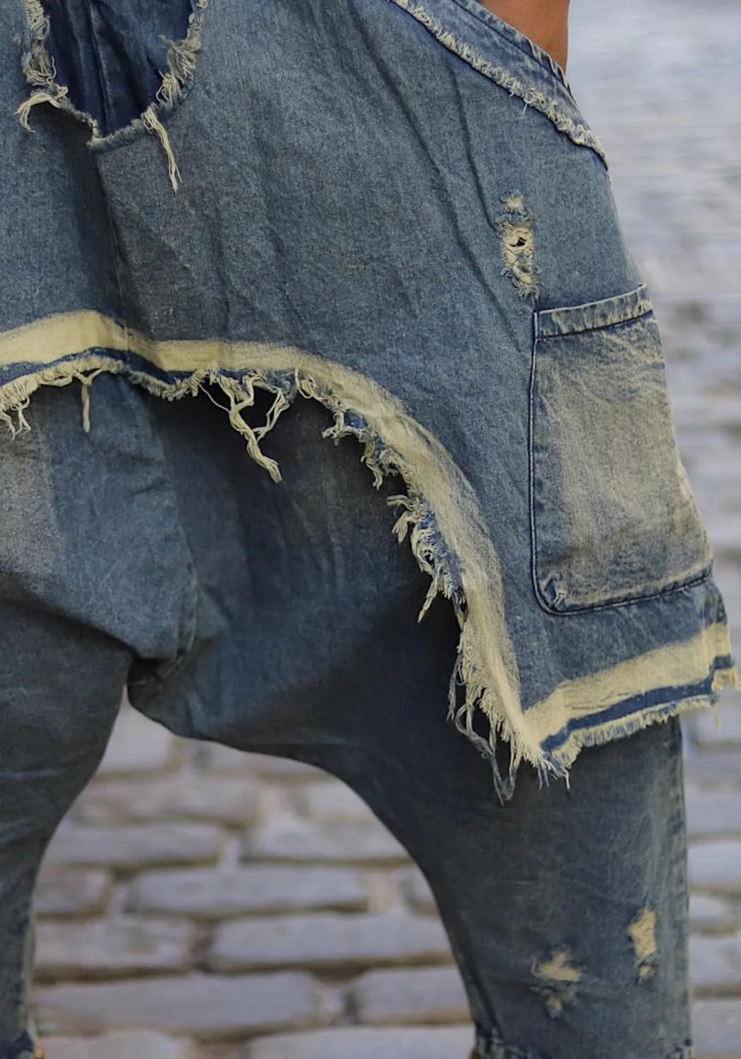 Vaceky Denim Harem Pants Women Elastic Waist Distressed Cropped Baggy Cargo Jeans