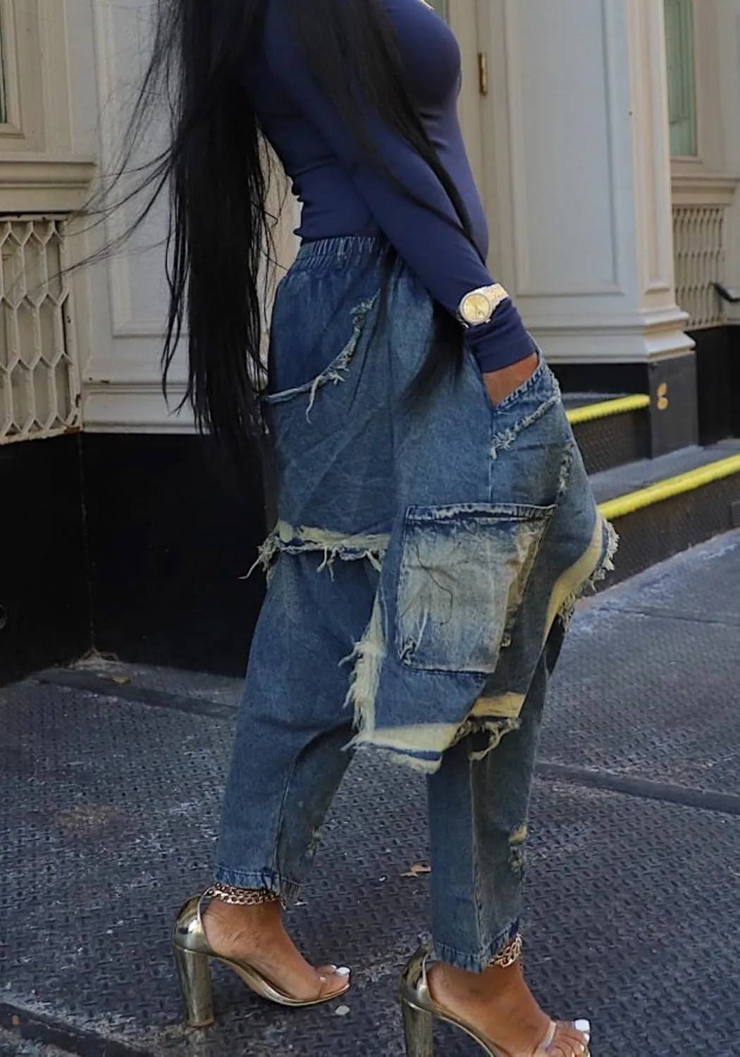 Vaceky Denim Harem Pants Women Elastic Waist Distressed Cropped Baggy Cargo Jeans