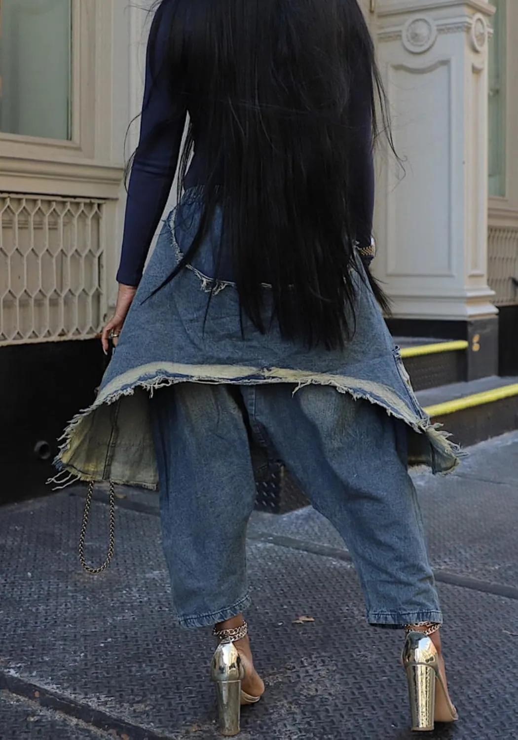 Vaceky Denim Harem Pants Women Elastic Waist Distressed Cropped Baggy Cargo Jeans