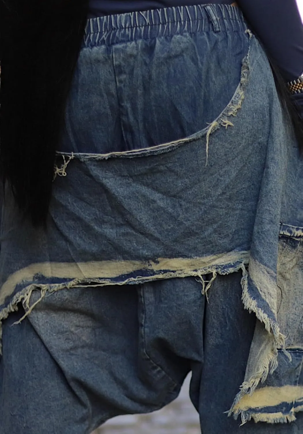 Vaceky Denim Harem Pants Women Elastic Waist Distressed Cropped Baggy Cargo Jeans