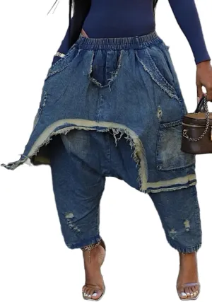 Vaceky Denim Harem Pants Women Elastic Waist Distressed Cropped Baggy Cargo Jeans