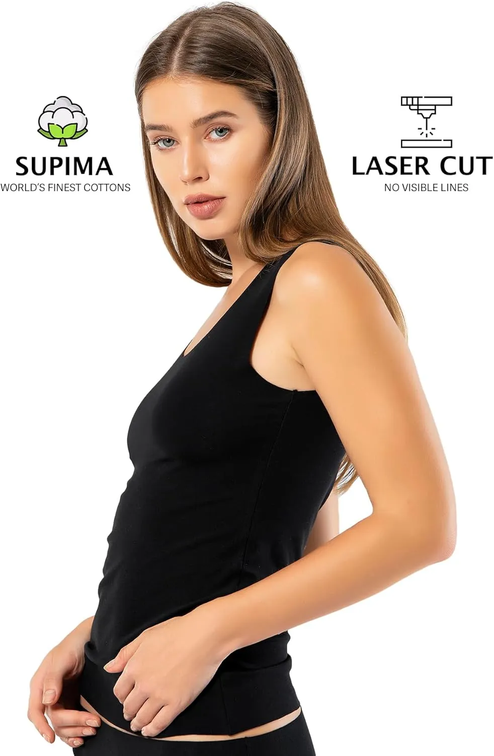 VAVONNE Pima Cotton Tank Tops for Women, Laser Cut Basic Scoop Neck Camisole Undershirt