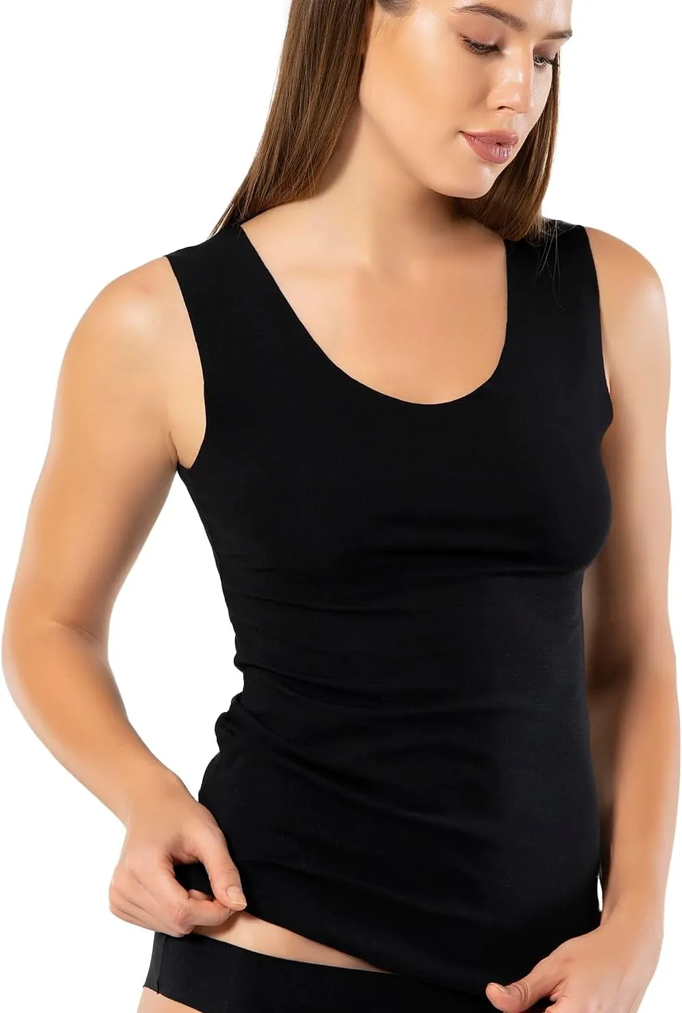 VAVONNE Pima Cotton Tank Tops for Women, Laser Cut Basic Scoop Neck Camisole Undershirt