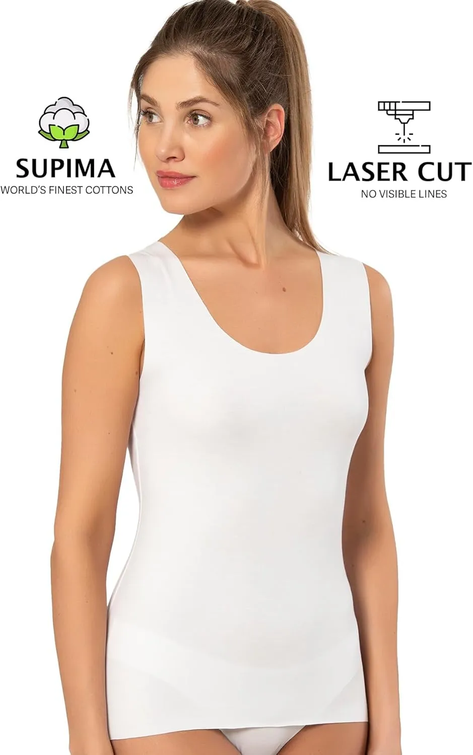 VAVONNE Pima Cotton Tank Tops for Women, Laser Cut Basic Scoop Neck Camisole Undershirt