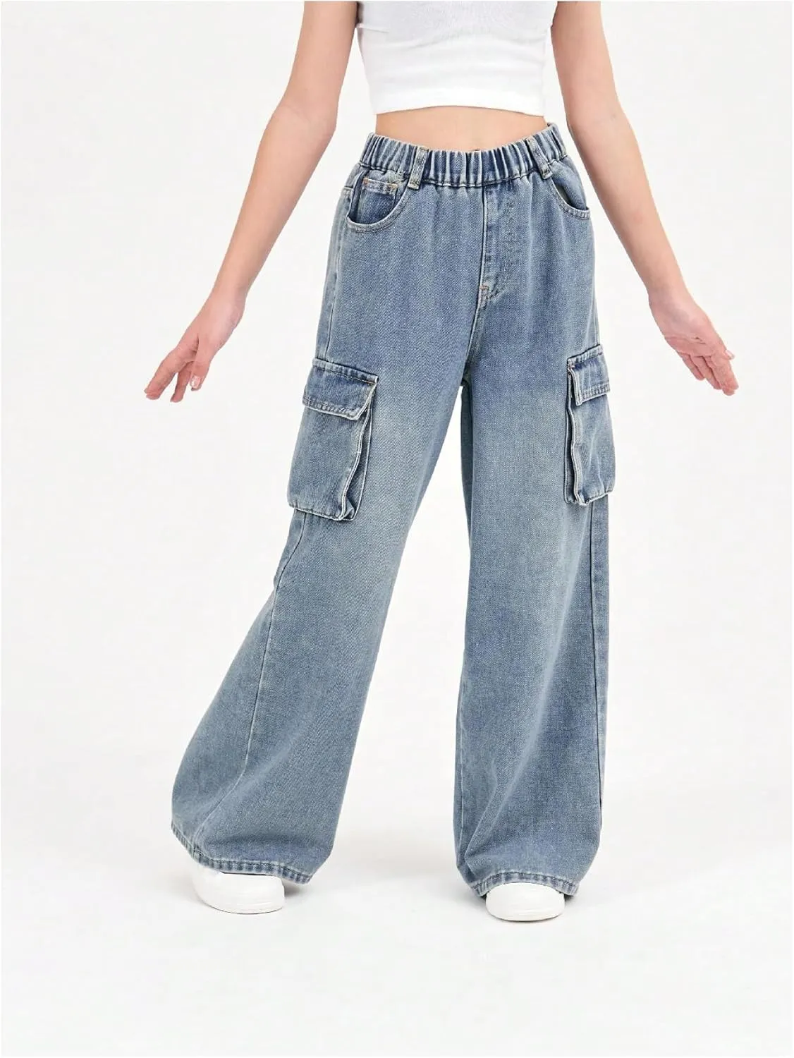 Verdusa Girl's Loose Wide Leg Denim Cargo Pants Elastic Waist Jeans with Pockets