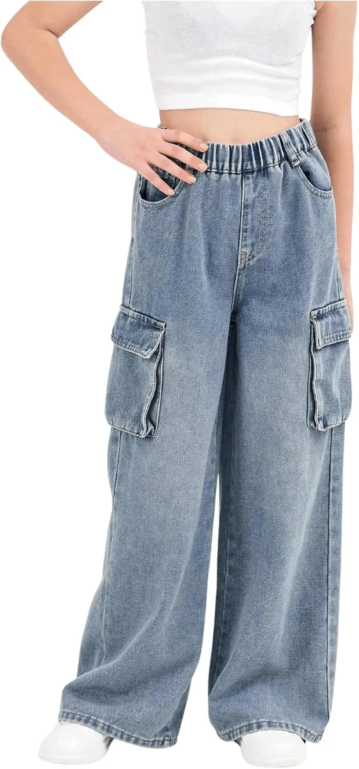 Verdusa Girl's Loose Wide Leg Denim Cargo Pants Elastic Waist Jeans with Pockets