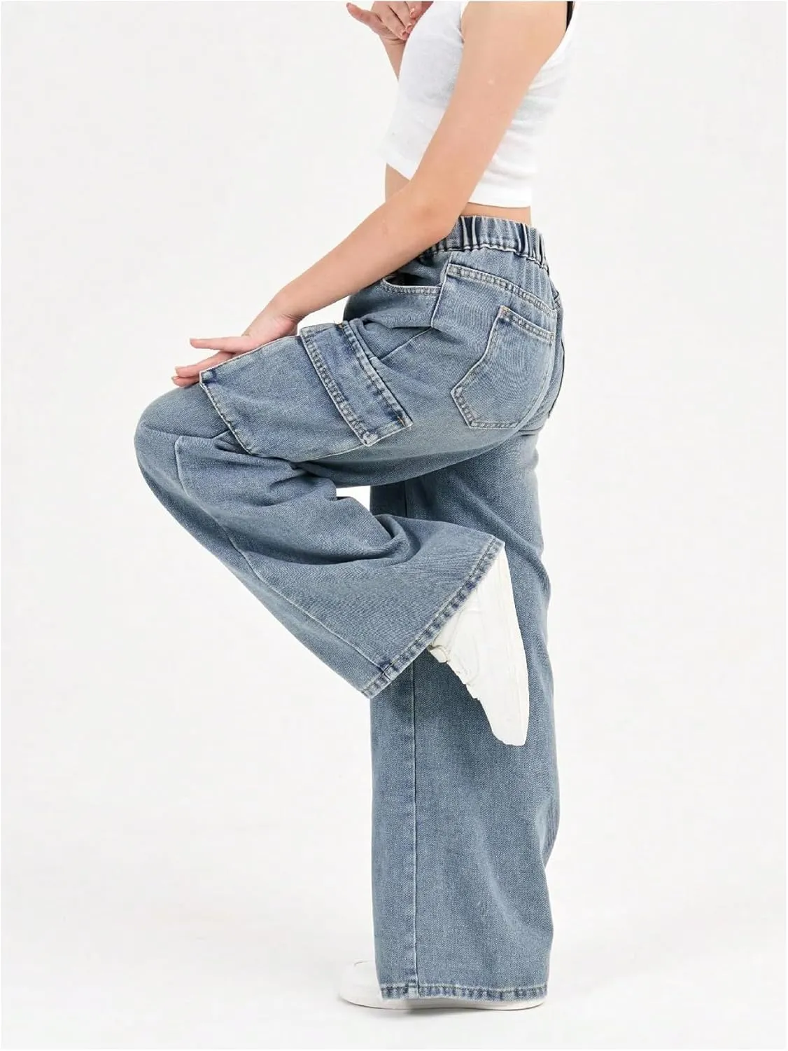 Verdusa Girl's Loose Wide Leg Denim Cargo Pants Elastic Waist Jeans with Pockets