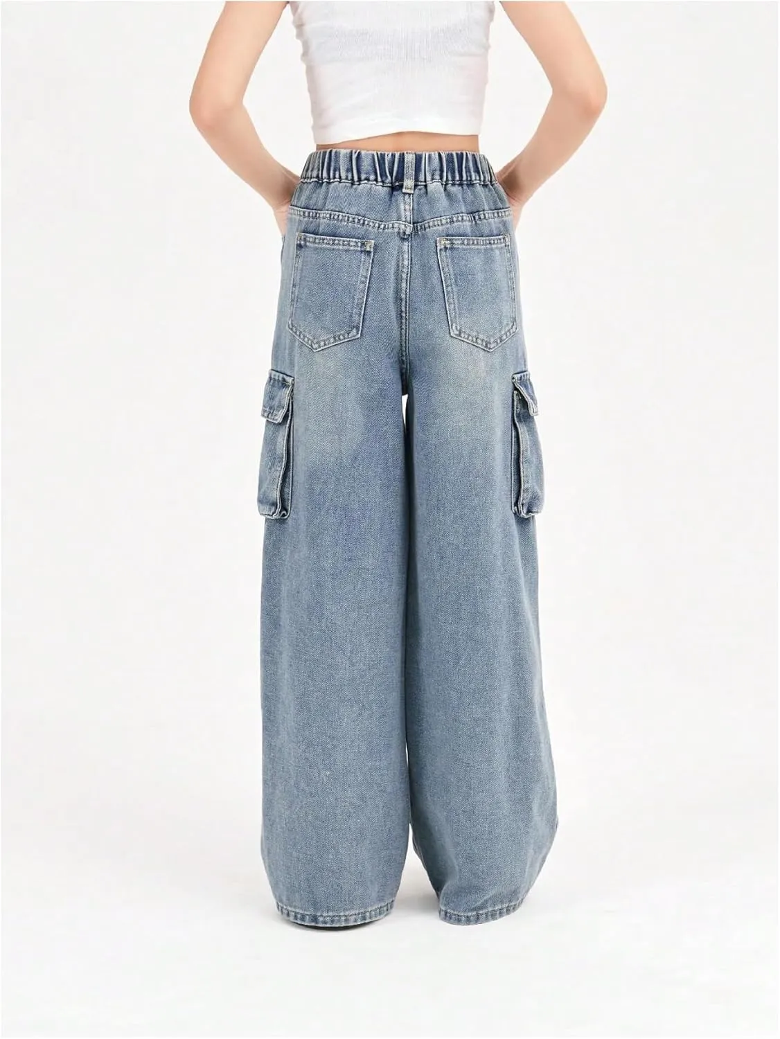 Verdusa Girl's Loose Wide Leg Denim Cargo Pants Elastic Waist Jeans with Pockets