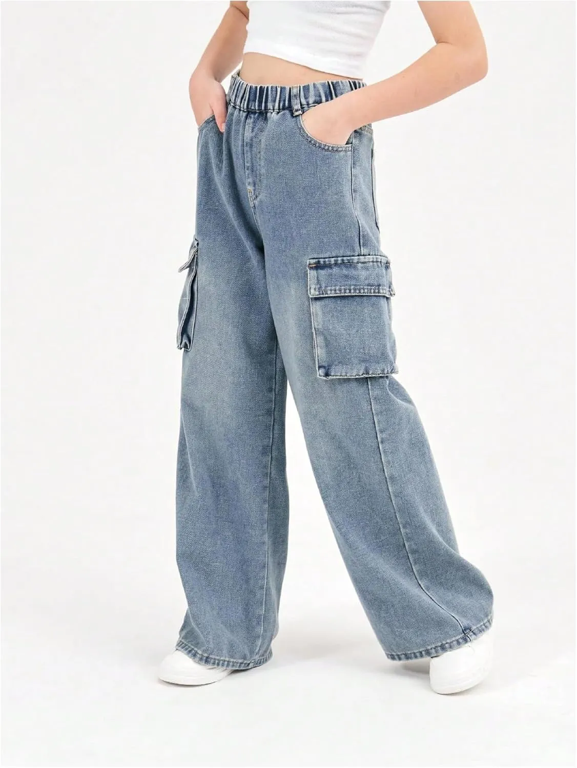 Verdusa Girl's Loose Wide Leg Denim Cargo Pants Elastic Waist Jeans with Pockets