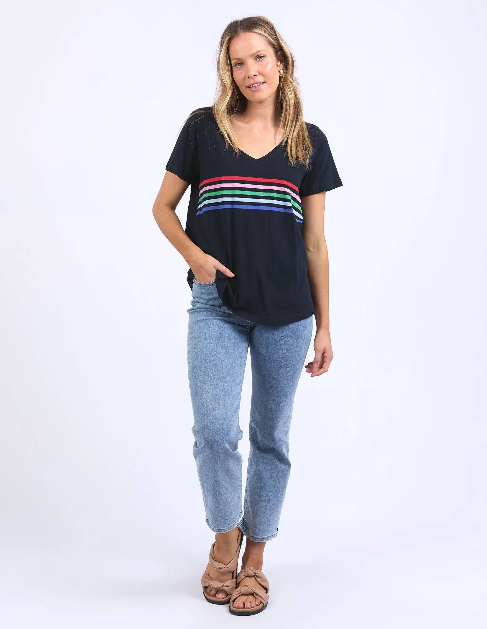 Vertical Rainbow Stripe Tee Navy