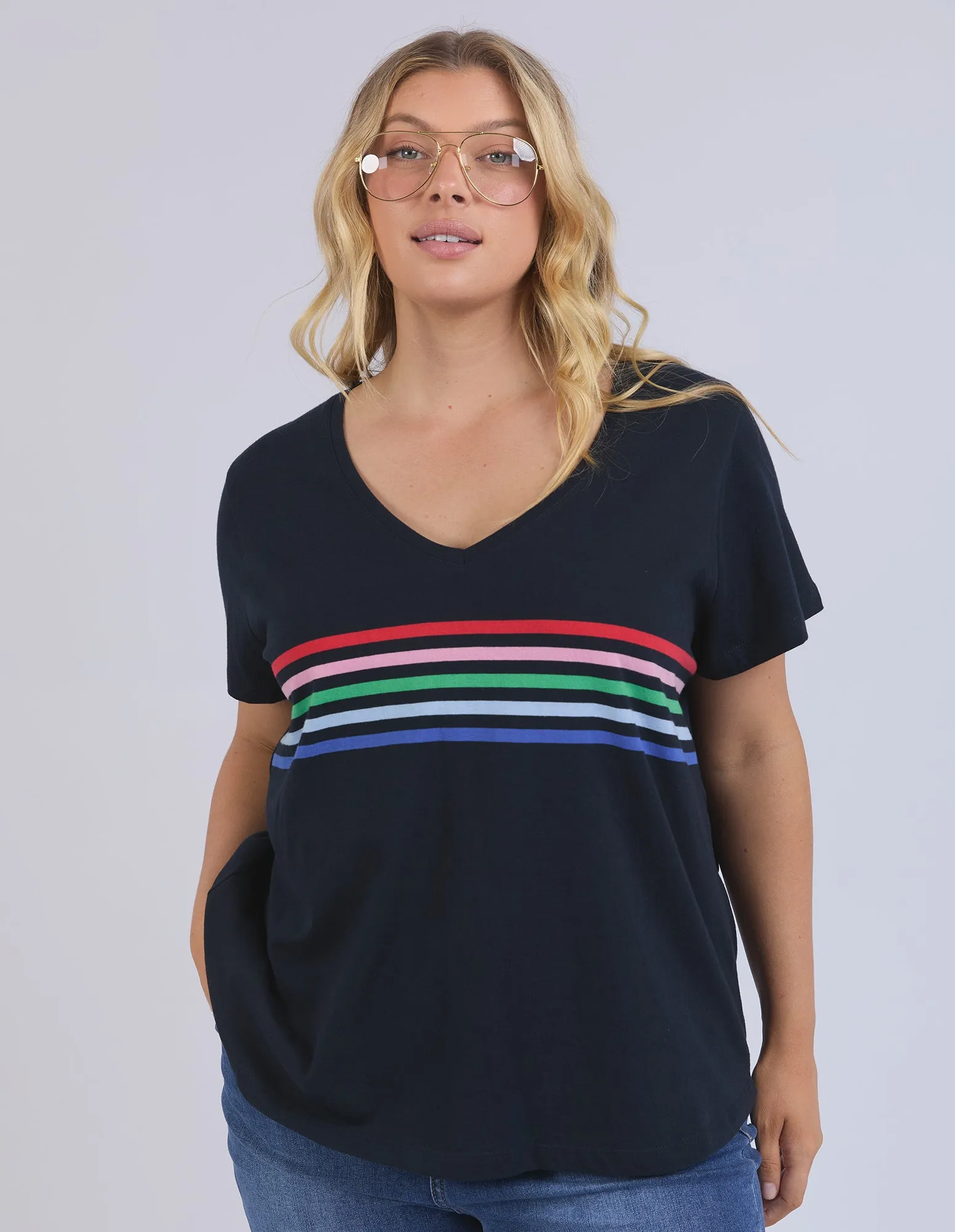 Vertical Rainbow Stripe Tee Navy