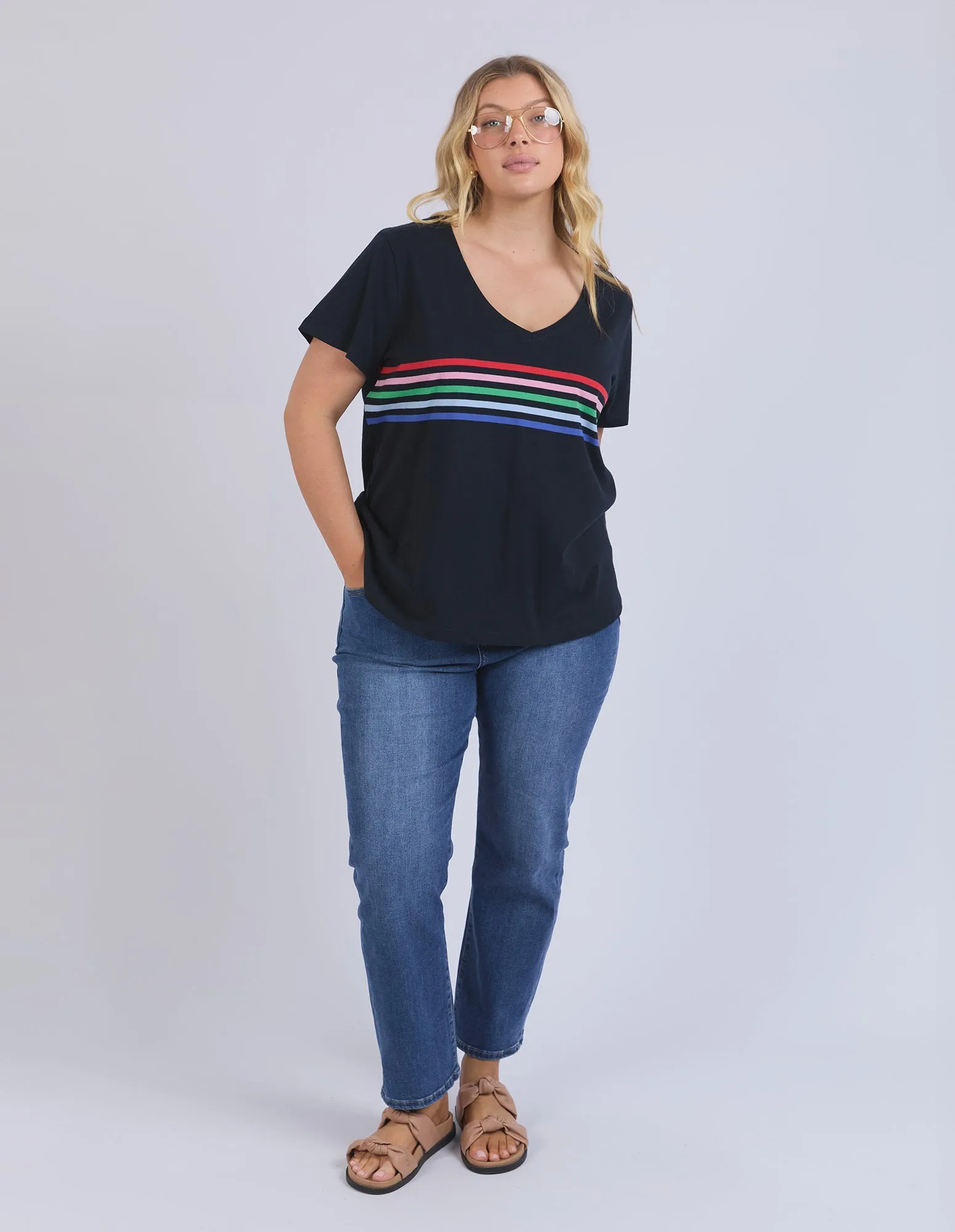 Vertical Rainbow Stripe Tee Navy