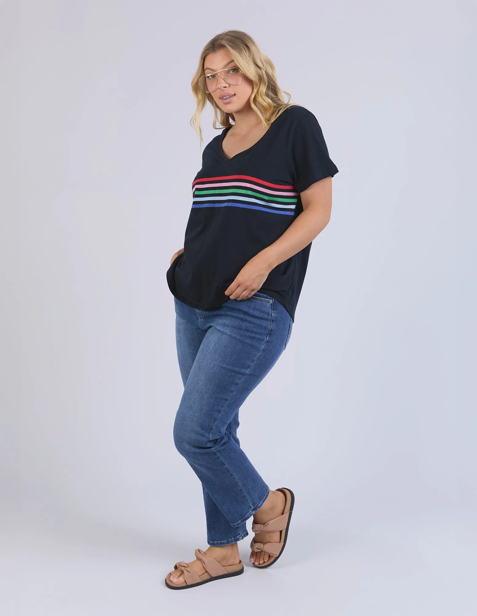 Vertical Rainbow Stripe Tee Navy
