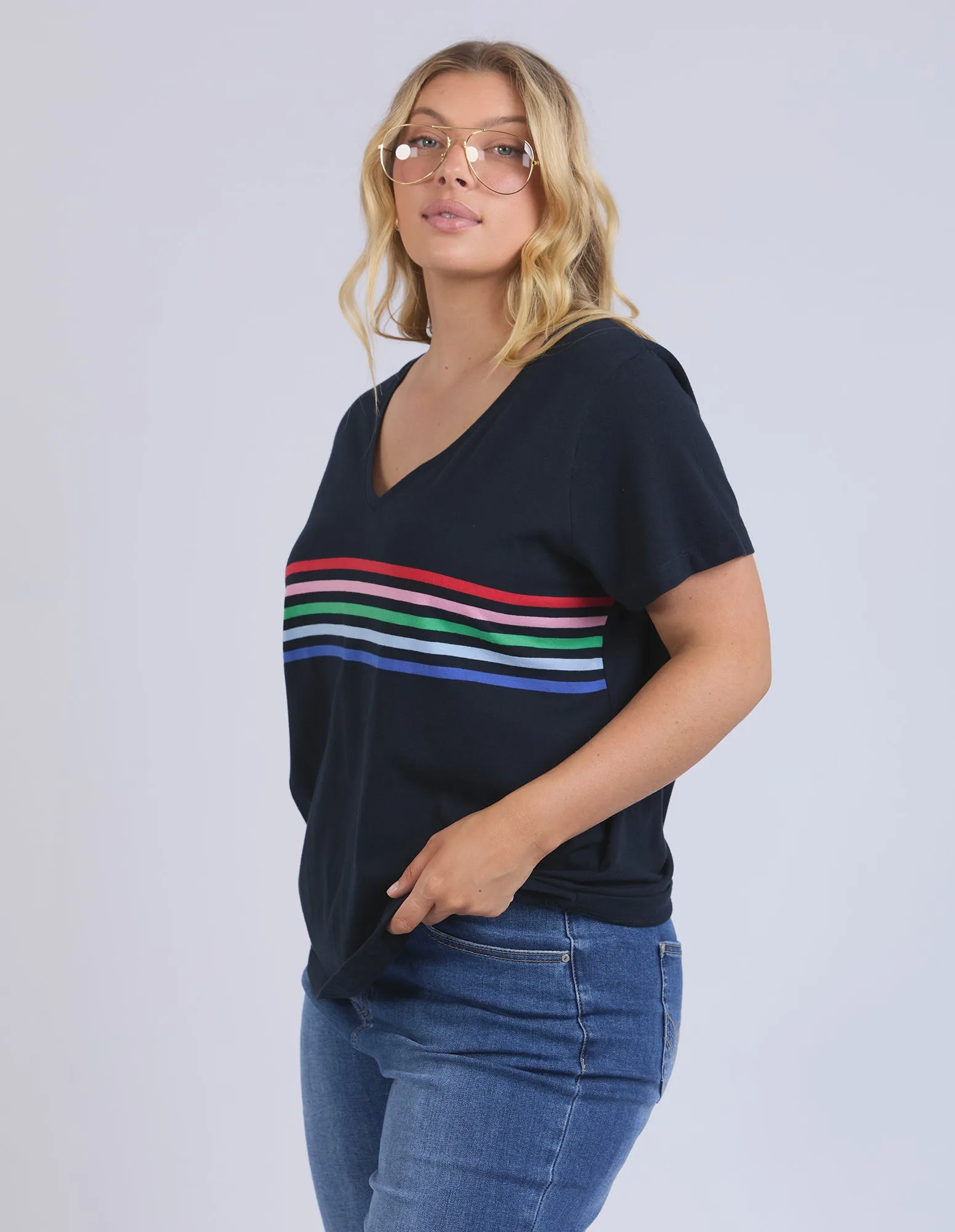 Vertical Rainbow Stripe Tee Navy