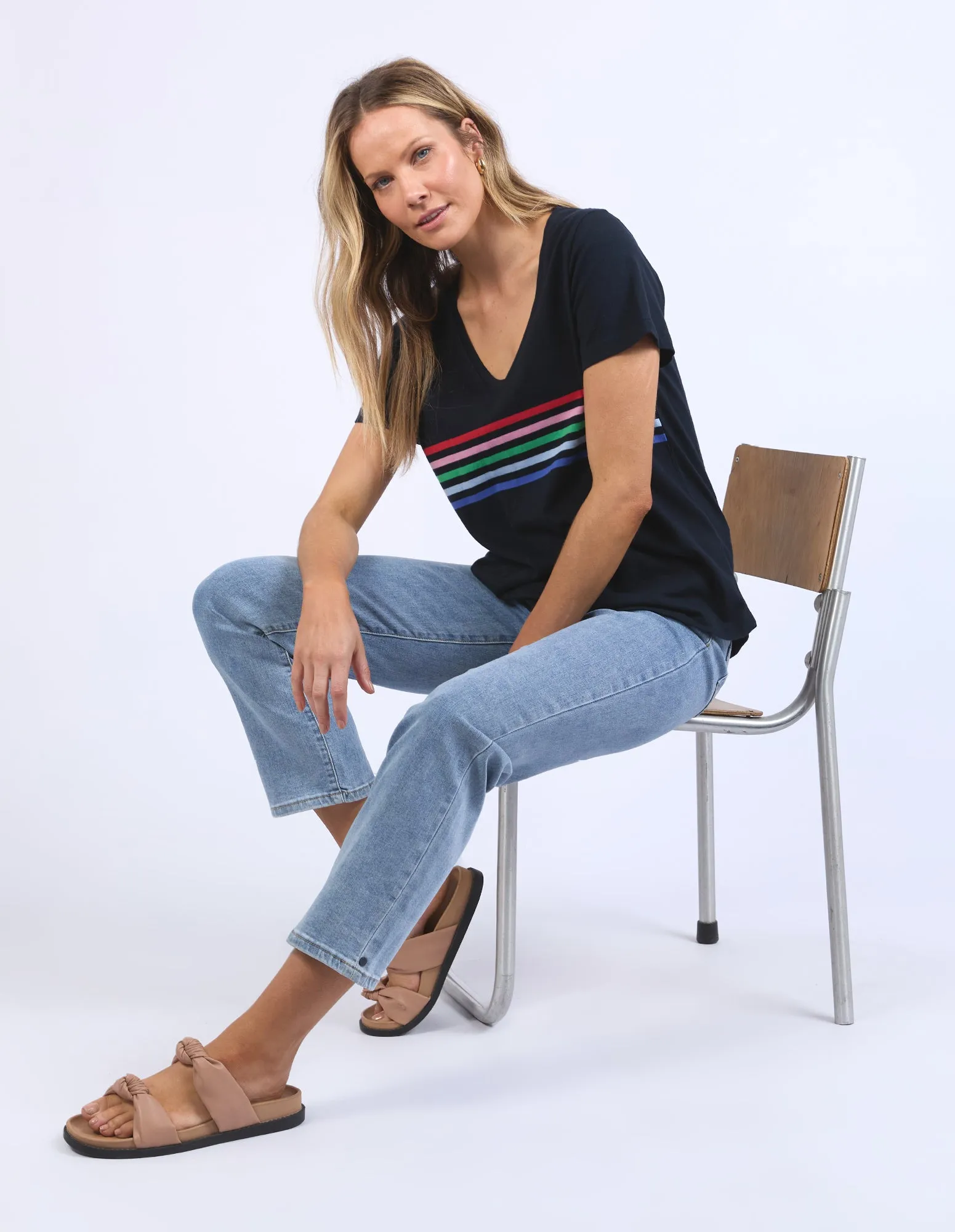 Vertical Rainbow Stripe Tee Navy