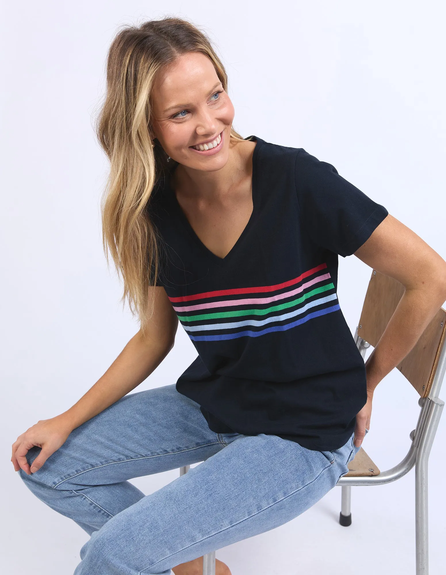 Vertical Rainbow Stripe Tee Navy