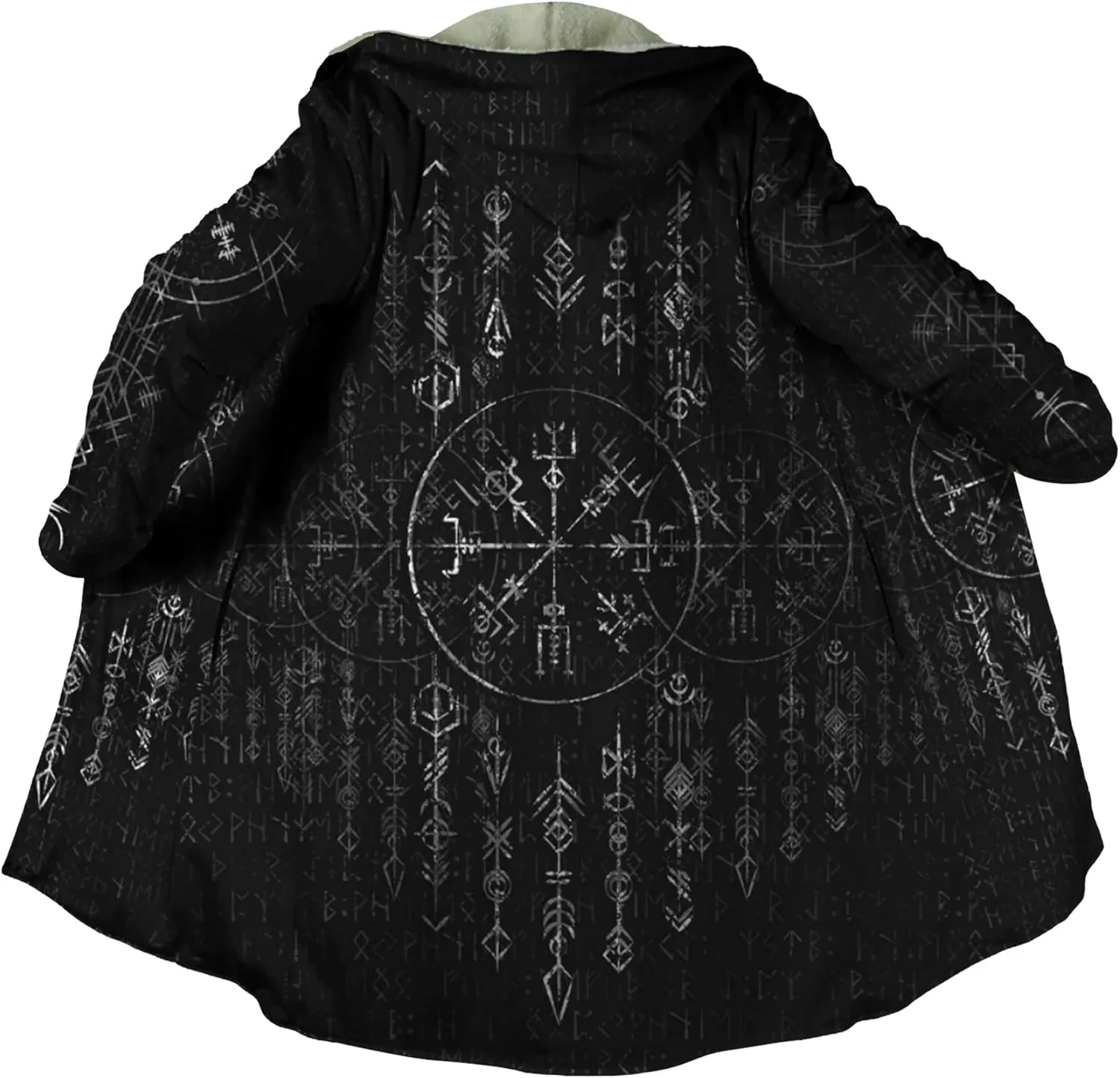 Viking Unisex Winter Cloak 3D Print Valaknut Odin Raven Coats with Hood, Thermal Fleece-Lined Relaxed Hip Hop Jacket