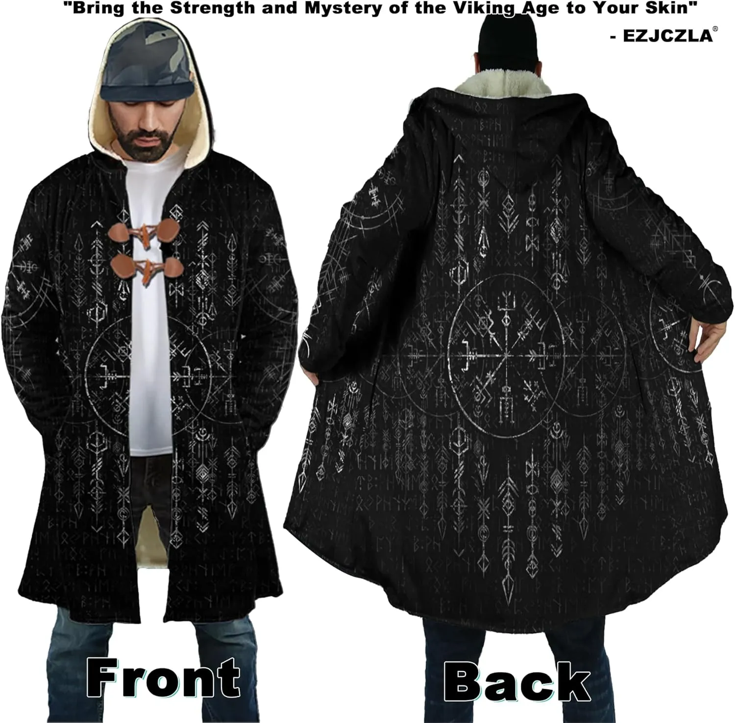 Viking Unisex Winter Cloak 3D Print Valaknut Odin Raven Coats with Hood, Thermal Fleece-Lined Relaxed Hip Hop Jacket