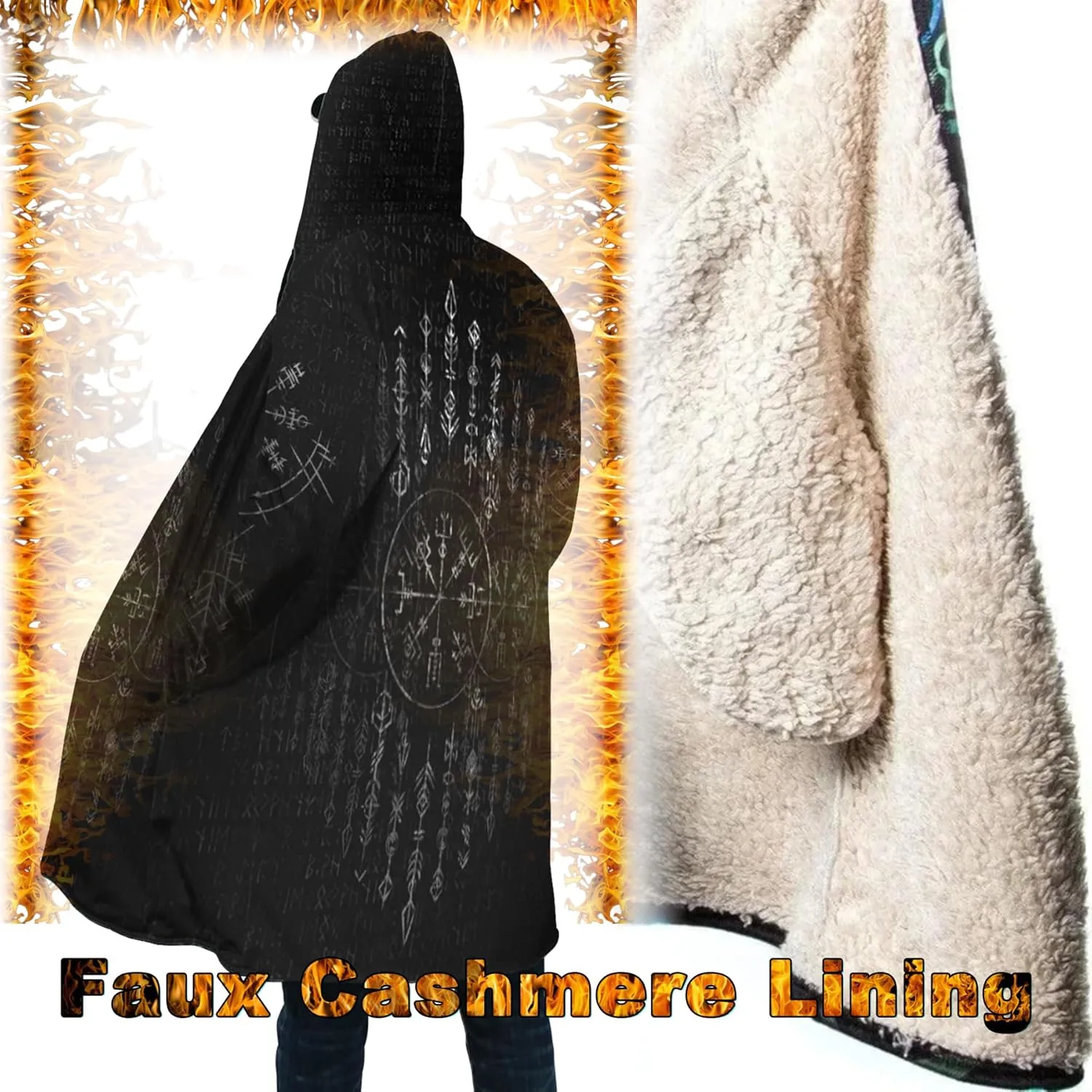 Viking Unisex Winter Cloak 3D Print Valaknut Odin Raven Coats with Hood, Thermal Fleece-Lined Relaxed Hip Hop Jacket