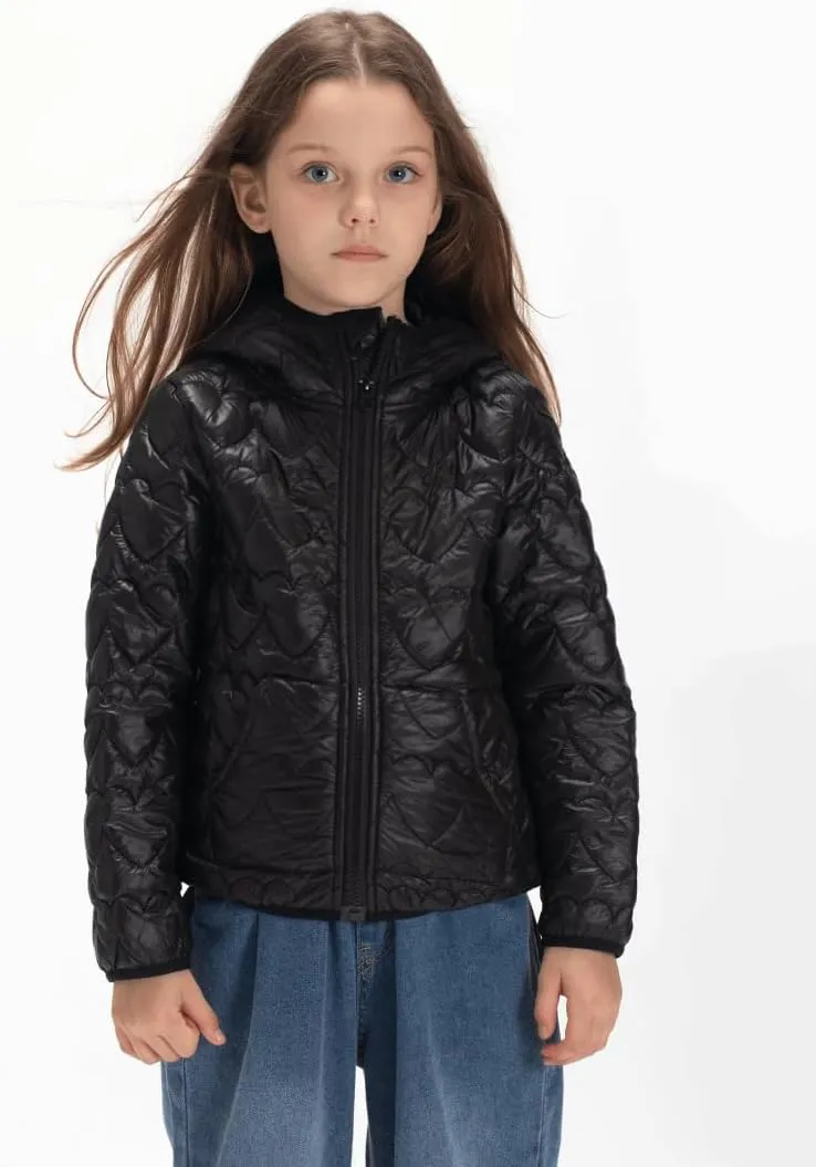 WELAKEN Lightweight Heart Quilted Cotton Puffer Jacket for Girls & Kids Zip Up Hooded Coat with Kangaroo Pocket