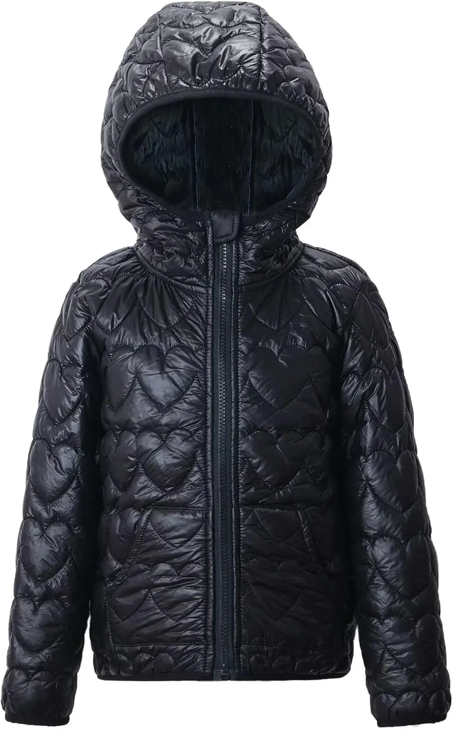 WELAKEN Lightweight Heart Quilted Cotton Puffer Jacket for Girls & Kids Zip Up Hooded Coat with Kangaroo Pocket