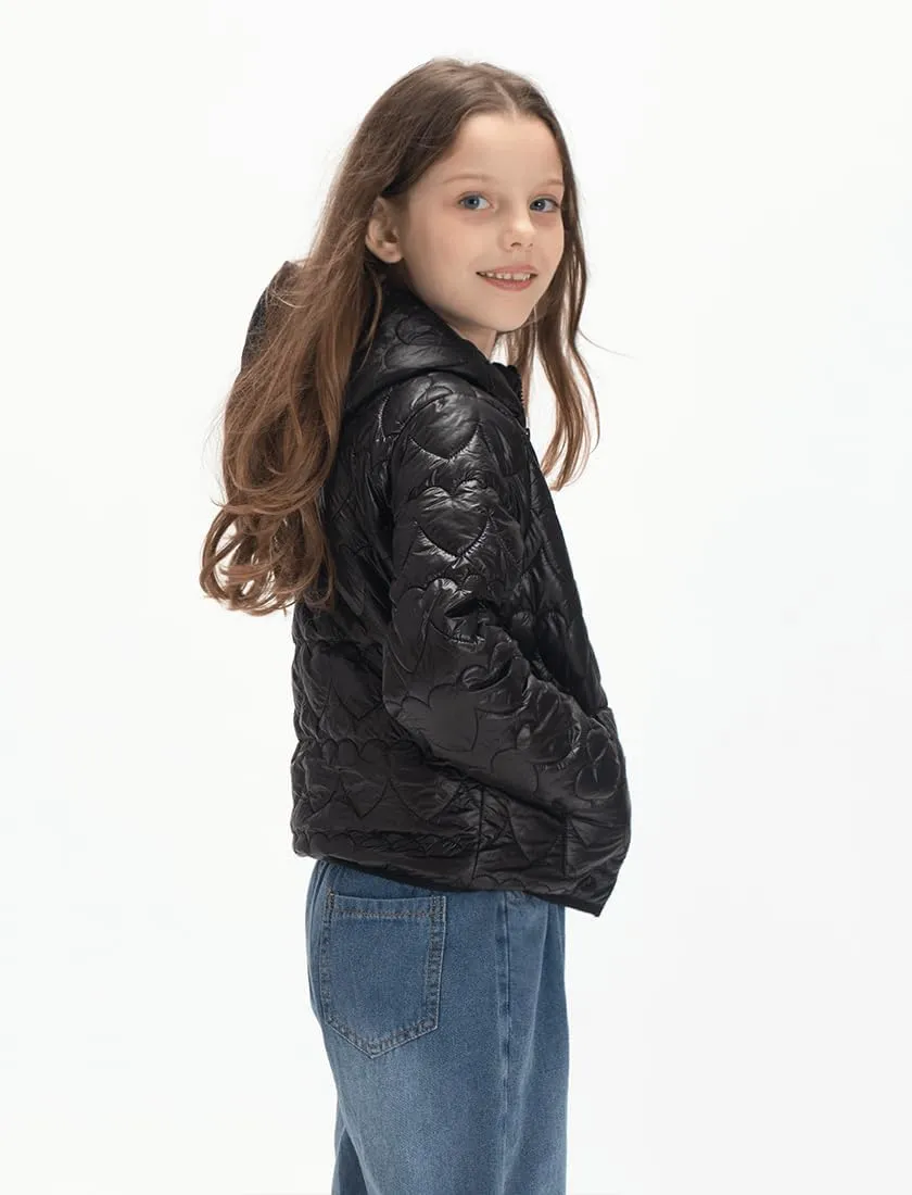 WELAKEN Lightweight Heart Quilted Cotton Puffer Jacket for Girls & Kids Zip Up Hooded Coat with Kangaroo Pocket