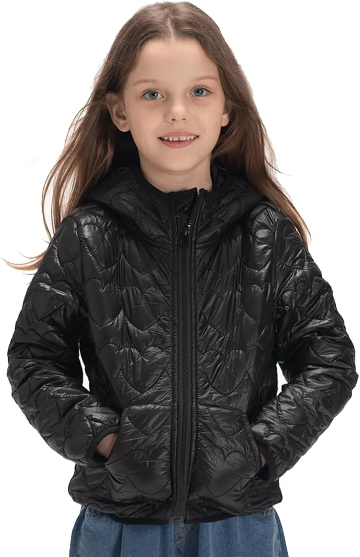 WELAKEN Lightweight Heart Quilted Cotton Puffer Jacket for Girls & Kids Zip Up Hooded Coat with Kangaroo Pocket