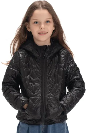 WELAKEN Lightweight Heart Quilted Cotton Puffer Jacket for Girls & Kids Zip Up Hooded Coat with Kangaroo Pocket