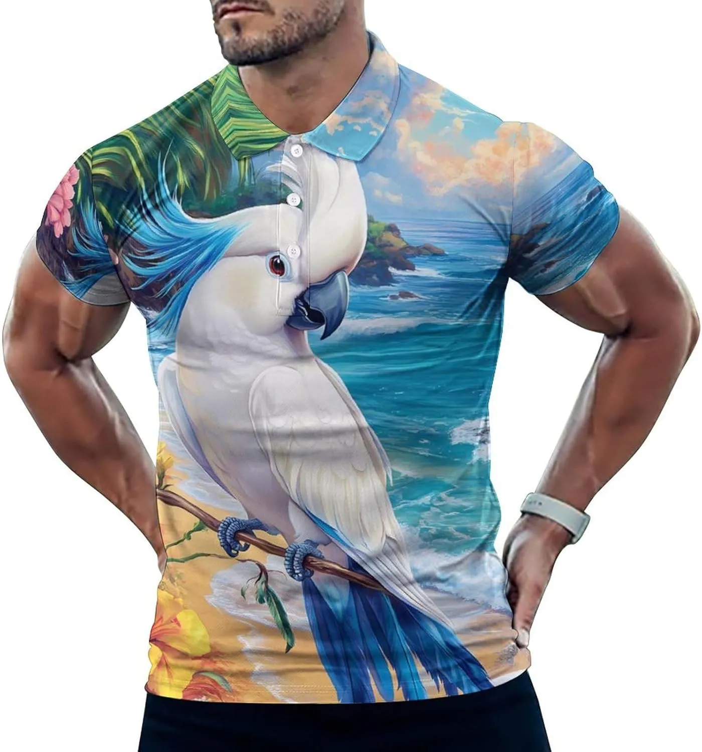 White Cockatoo Beach Slim Fit Men's Short Sleeve Polo Shirts Quick-Dry Breathable Golf T-Shirt Tops