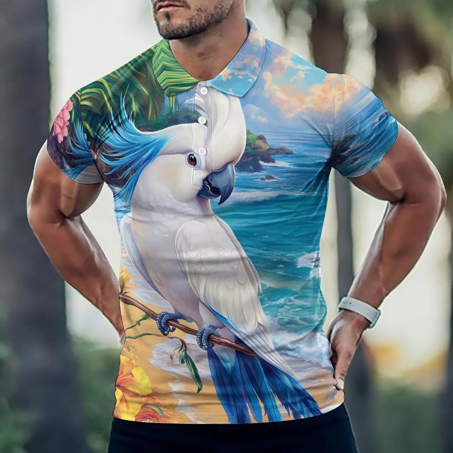 White Cockatoo Beach Slim Fit Men's Short Sleeve Polo Shirts Quick-Dry Breathable Golf T-Shirt Tops