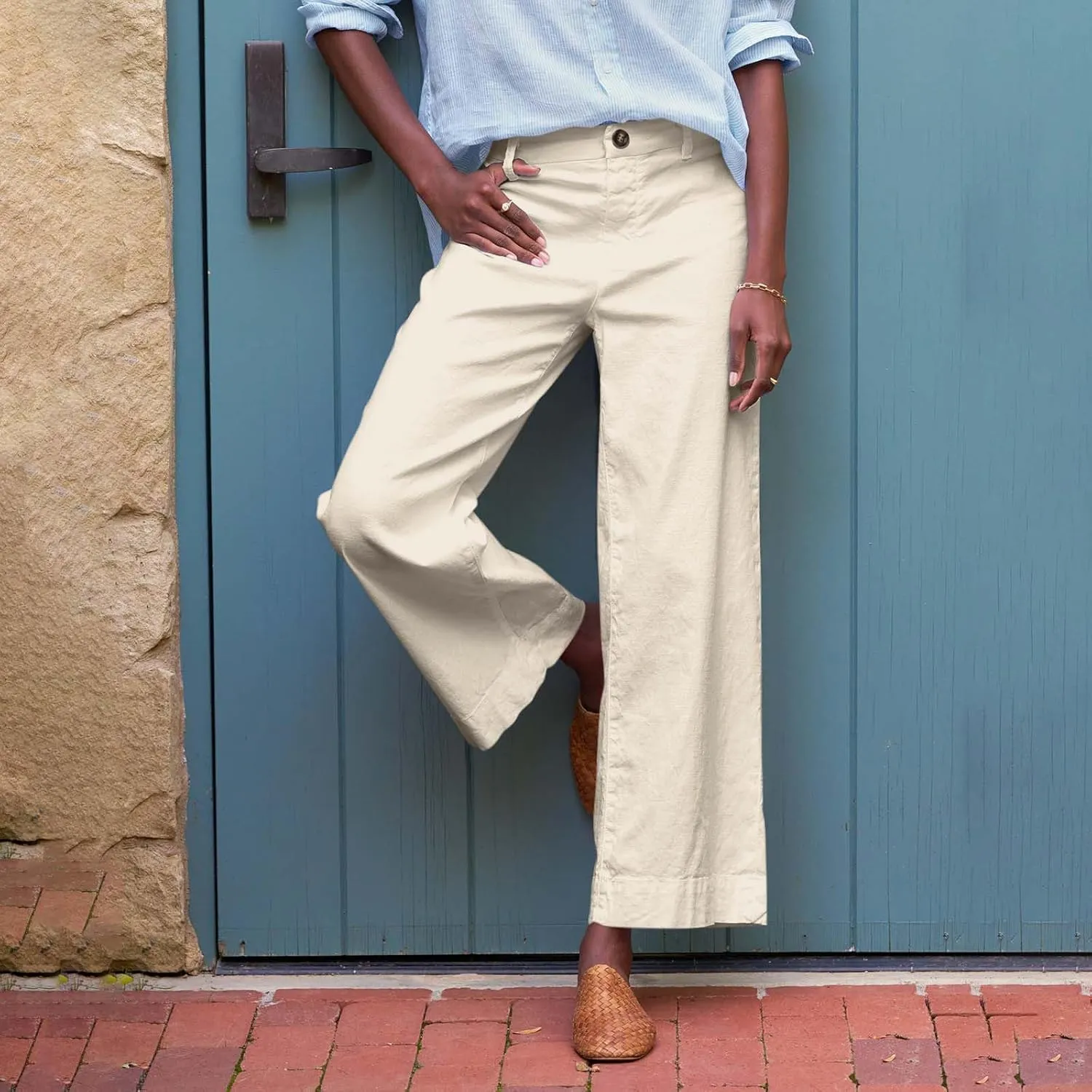 Wide Leg Linen Pants for Women 2025 Trendy Summer Button Zipper Pants High Rise with Pockets Y2K Solid Beach Trousers