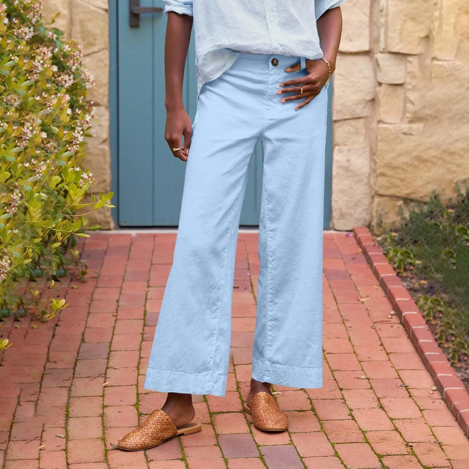Wide Leg Linen Pants for Women 2025 Trendy Summer Button Zipper Pants High Rise with Pockets Y2K Solid Beach Trousers