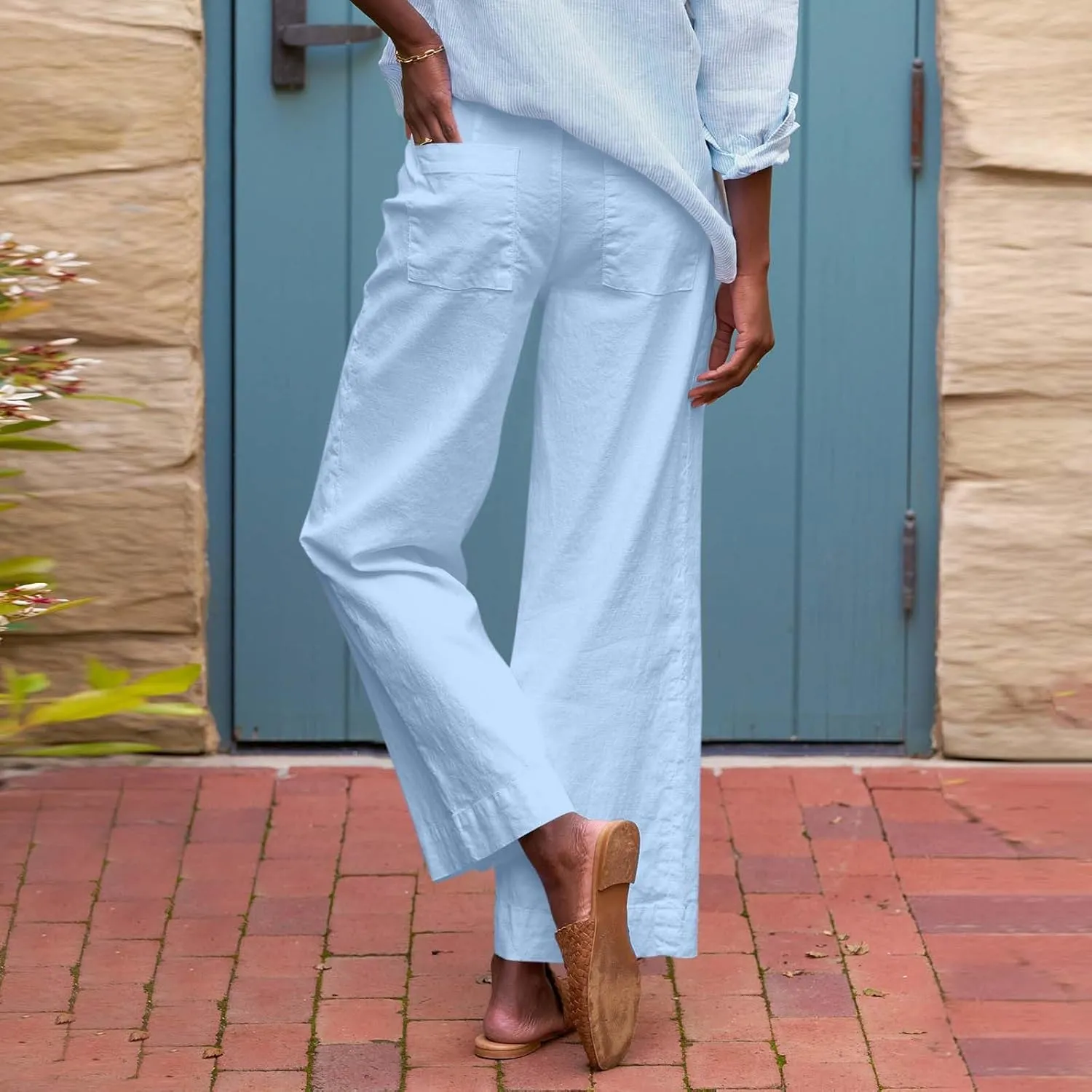 Wide Leg Linen Pants for Women 2025 Trendy Summer Button Zipper Pants High Rise with Pockets Y2K Solid Beach Trousers