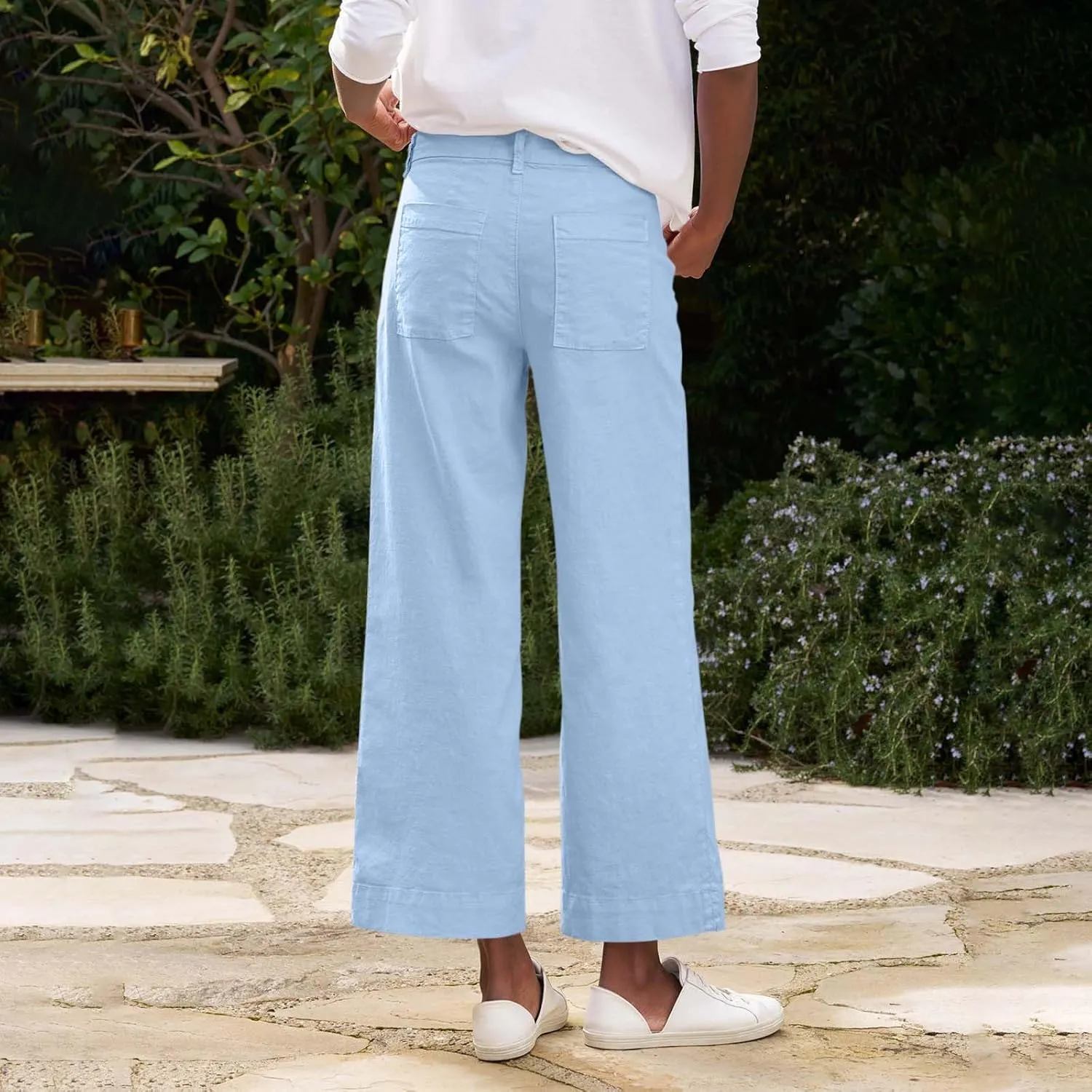 Wide Leg Linen Pants for Women 2025 Trendy Summer Button Zipper Pants High Rise with Pockets Y2K Solid Beach Trousers