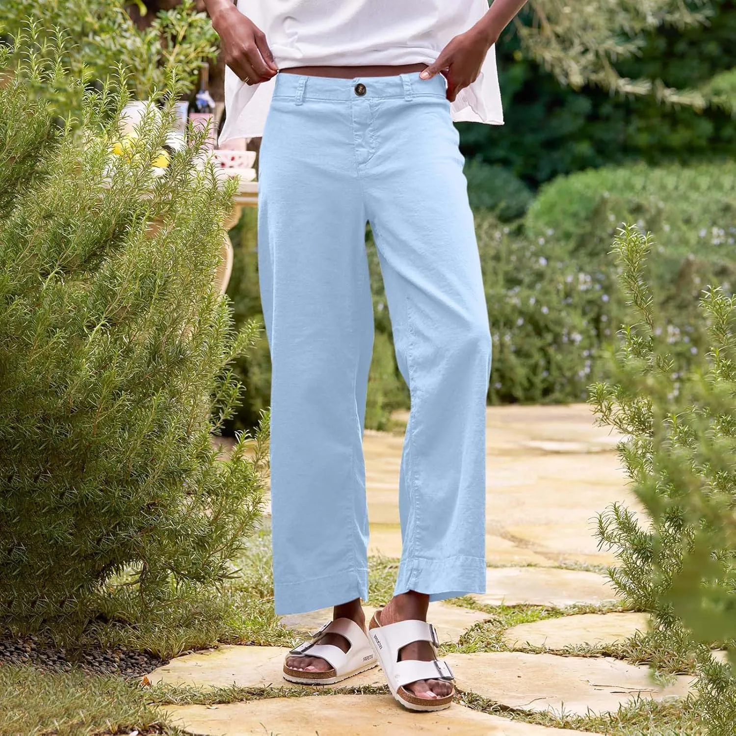 Wide Leg Linen Pants for Women 2025 Trendy Summer Button Zipper Pants High Rise with Pockets Y2K Solid Beach Trousers