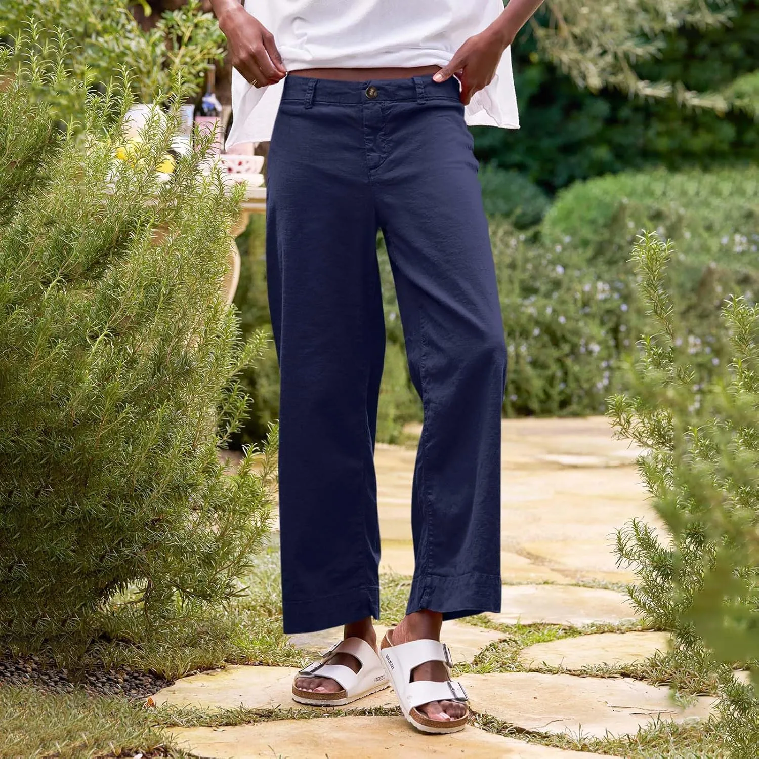 Wide Leg Linen Pants for Women 2025 Trendy Summer Button Zipper Pants High Rise with Pockets Y2K Solid Beach Trousers