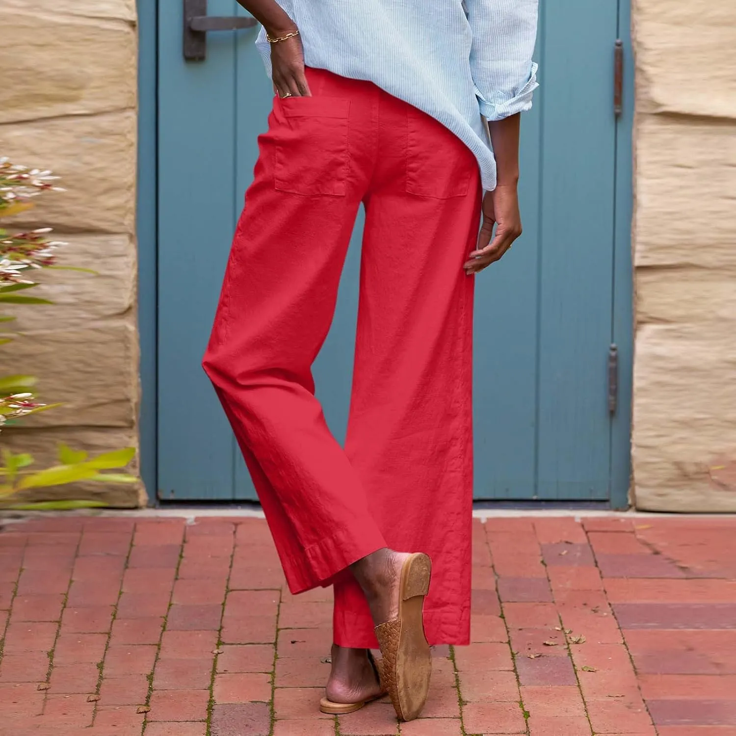 Wide Leg Linen Pants for Women 2025 Trendy Summer Button Zipper Pants High Rise with Pockets Y2K Solid Beach Trousers