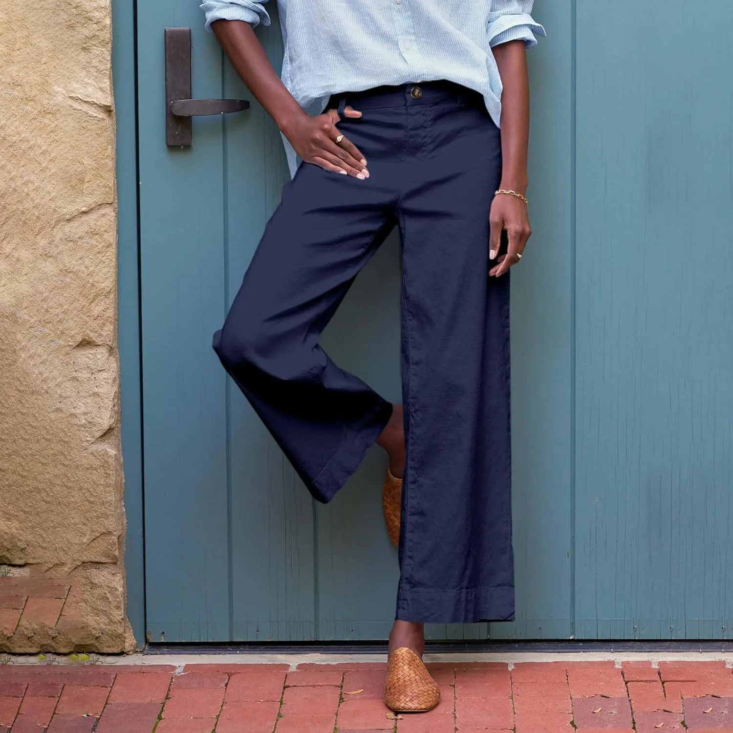 Wide Leg Linen Pants for Women 2025 Trendy Summer Button Zipper Pants High Rise with Pockets Y2K Solid Beach Trousers