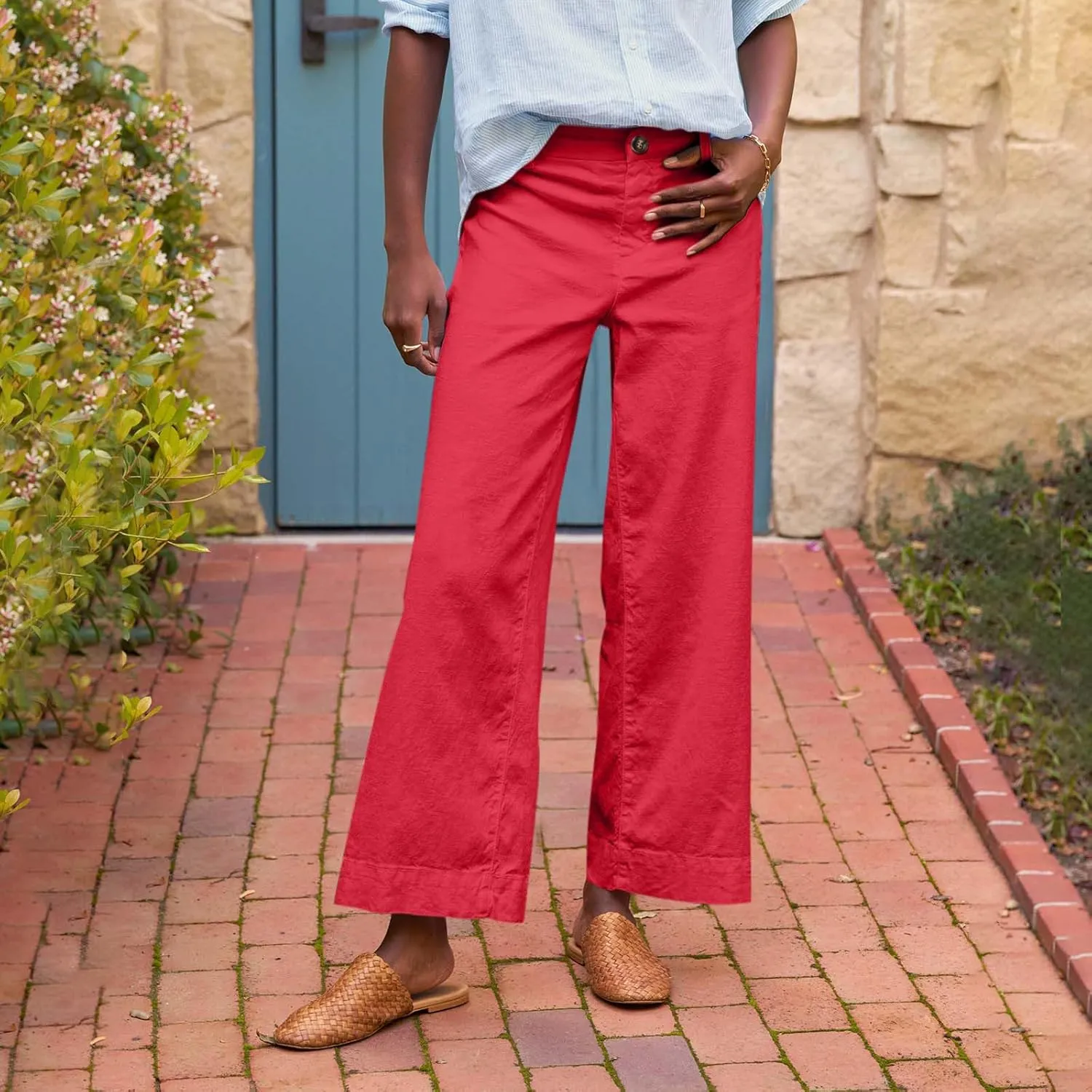 Wide Leg Linen Pants for Women 2025 Trendy Summer Button Zipper Pants High Rise with Pockets Y2K Solid Beach Trousers