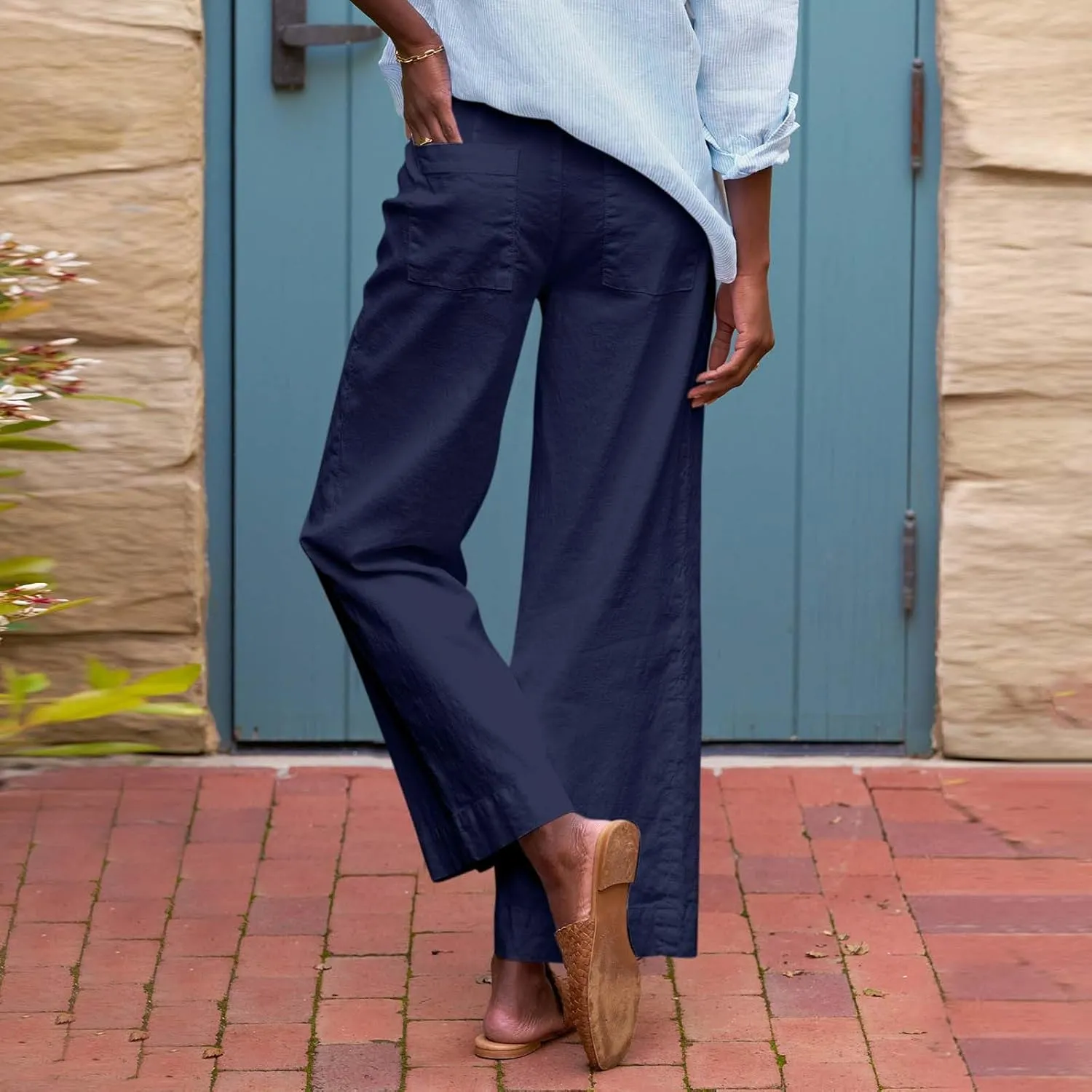 Wide Leg Linen Pants for Women 2025 Trendy Summer Button Zipper Pants High Rise with Pockets Y2K Solid Beach Trousers
