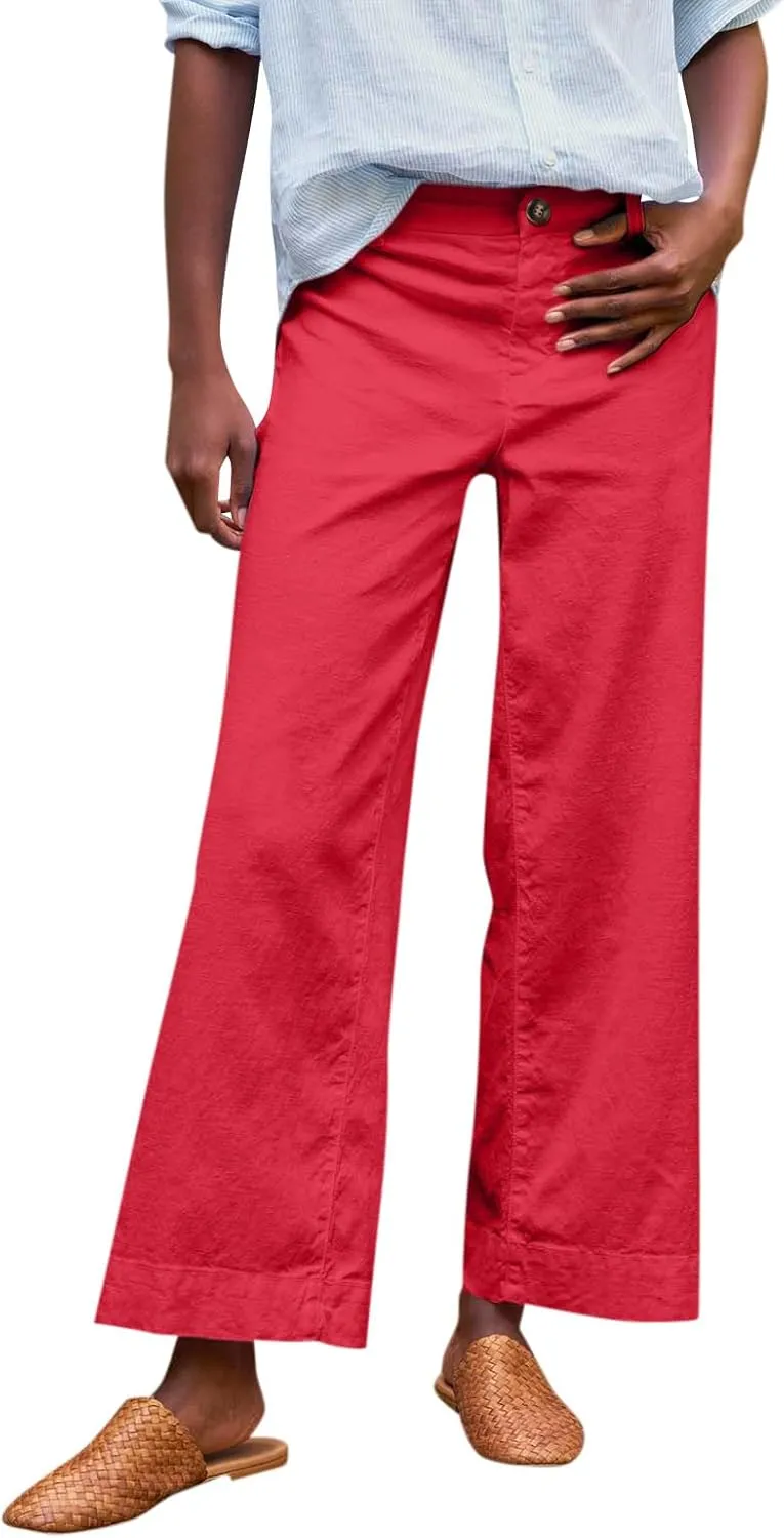 Wide Leg Linen Pants for Women 2025 Trendy Summer Button Zipper Pants High Rise with Pockets Y2K Solid Beach Trousers