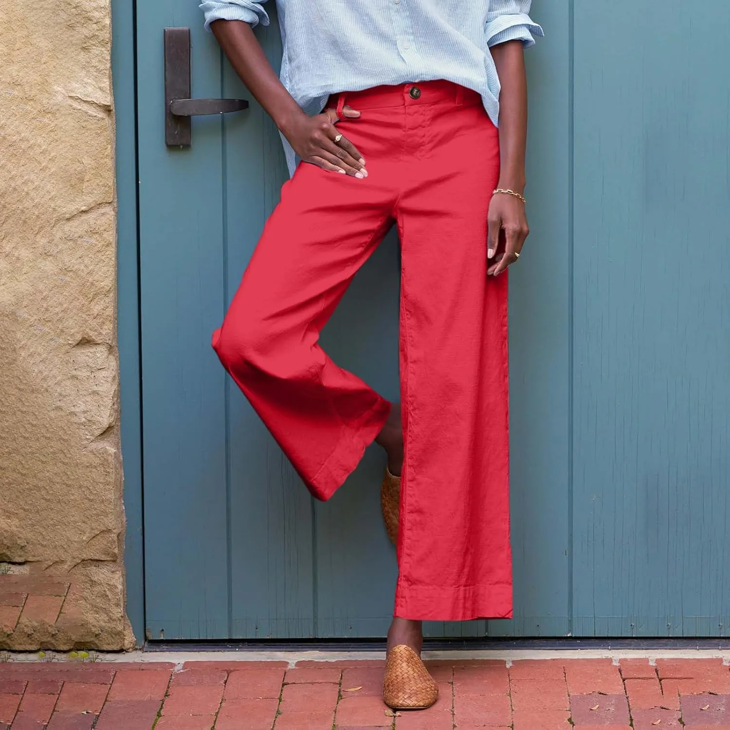 Wide Leg Linen Pants for Women 2025 Trendy Summer Button Zipper Pants High Rise with Pockets Y2K Solid Beach Trousers