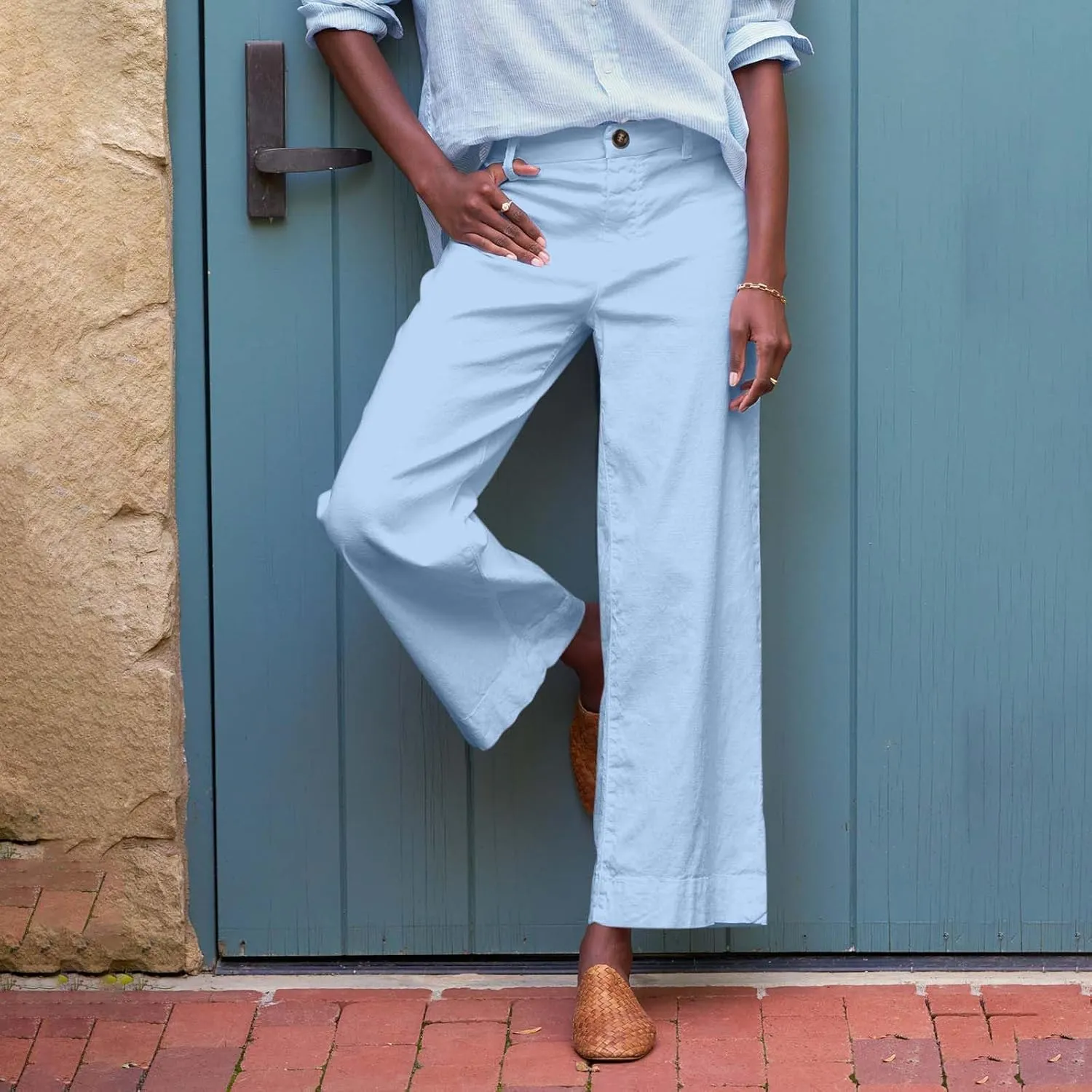 Wide Leg Linen Pants for Women 2025 Trendy Summer Button Zipper Pants High Rise with Pockets Y2K Solid Beach Trousers