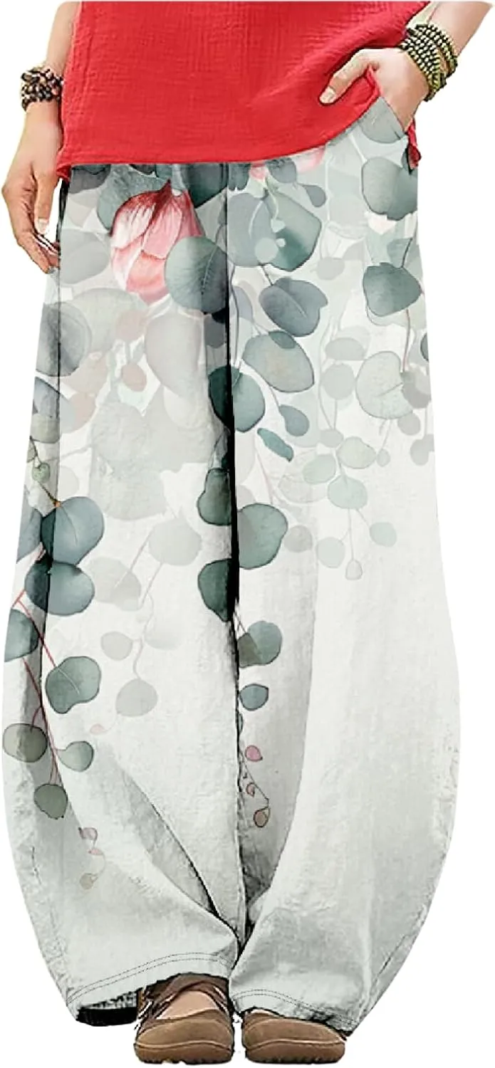 Wide Leg Pants for Women Boho Floral Printed Elastic Waist Baggy Trousers Loose Fit Lounge Pants with Pockets